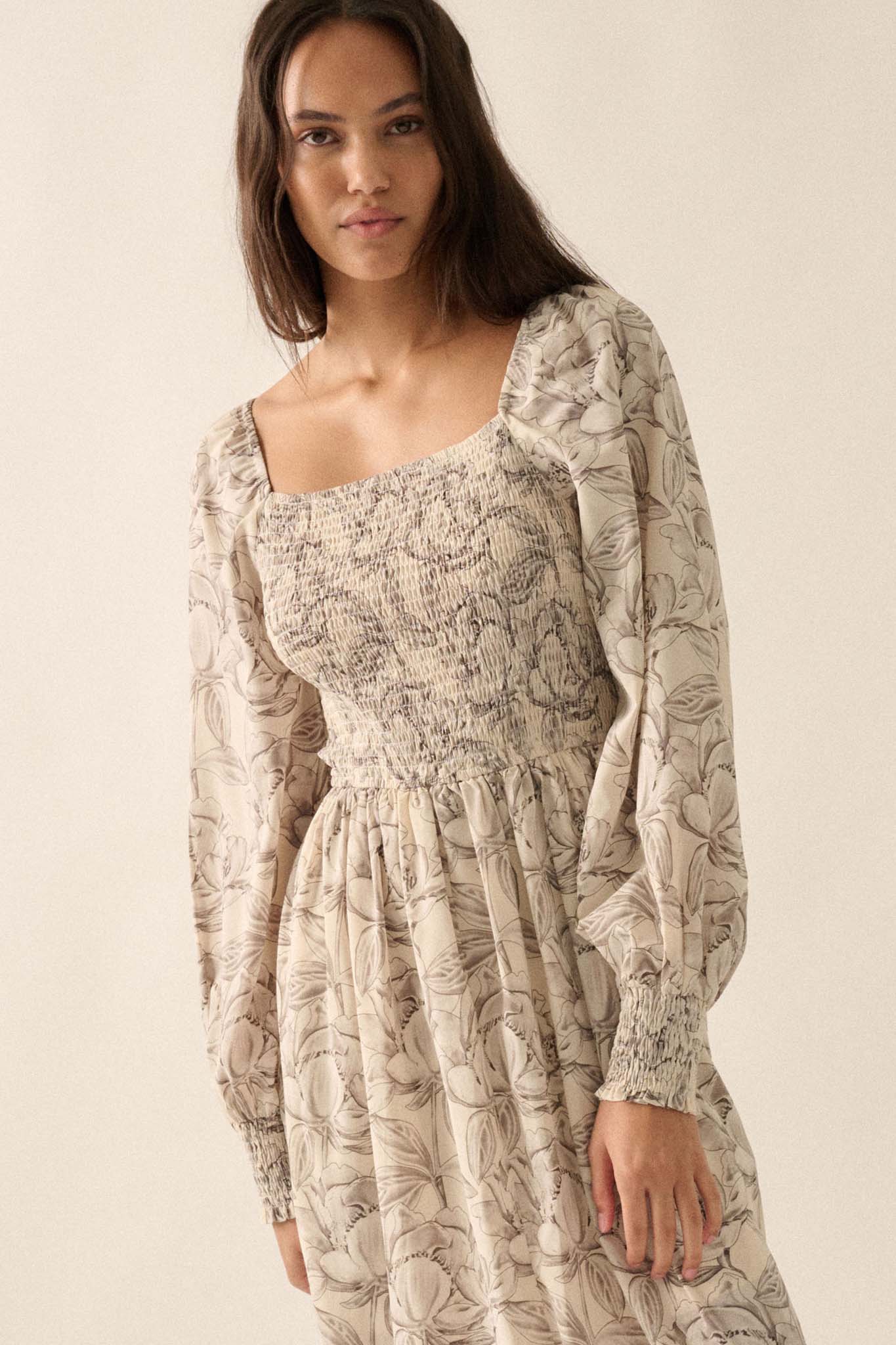 Serene Garden Floral Smocked Peasant Midi Dress - ShopPromesa