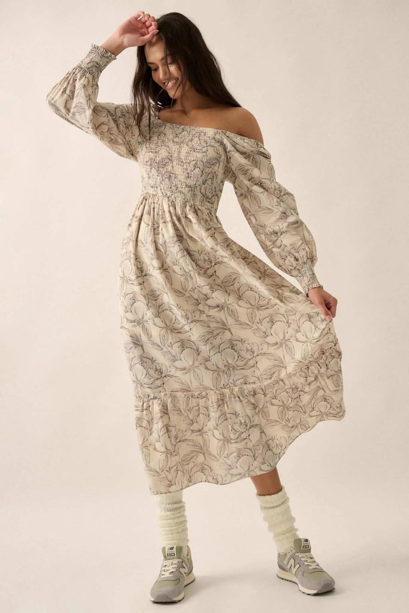 Serene Garden Floral Smocked Peasant Midi Dress Espresso / M Serene Garden Floral Smocked Peasant Midi Dress Espresso / M