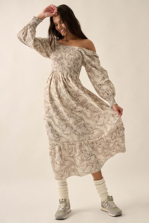 Serene Garden Floral Smocked Peasant Midi Dress - ShopPromesa