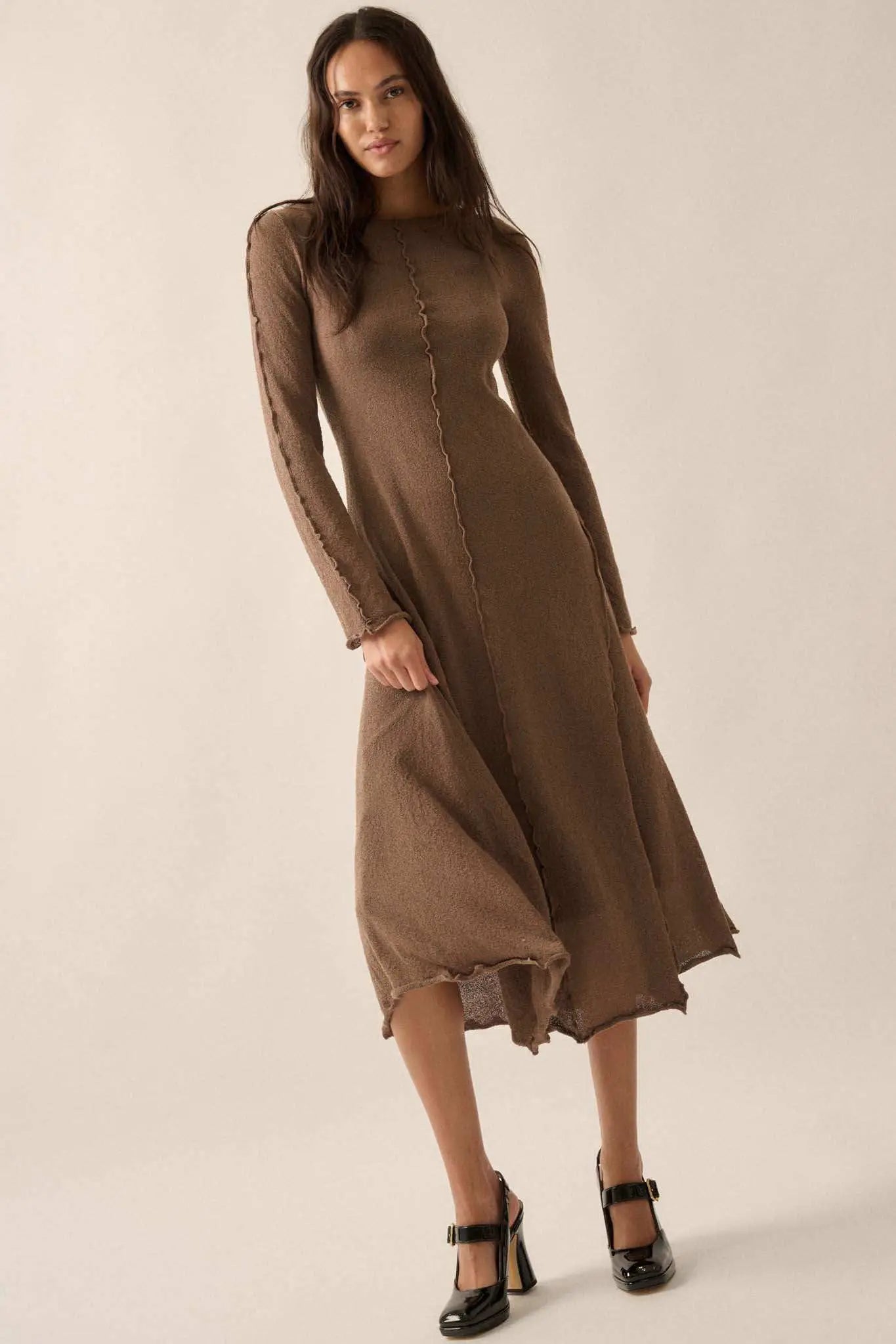 Earth Mother Textured Knit Exposed-Seam Midi Dress Oatmeal / L Earth Mother Textured Knit Exposed-Seam Midi Dress Oatmeal / L