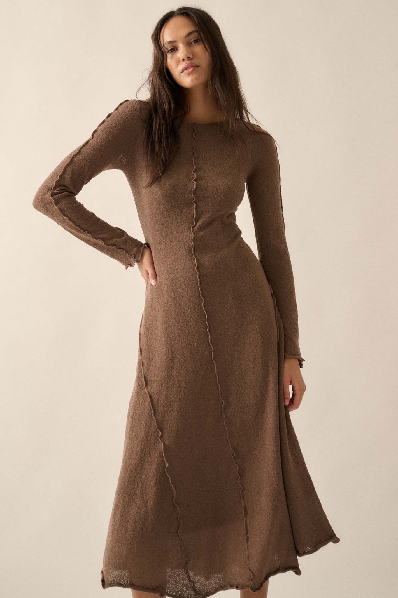 Earth Mother Textured Knit Exposed-Seam Midi Dress - ShopPromesa