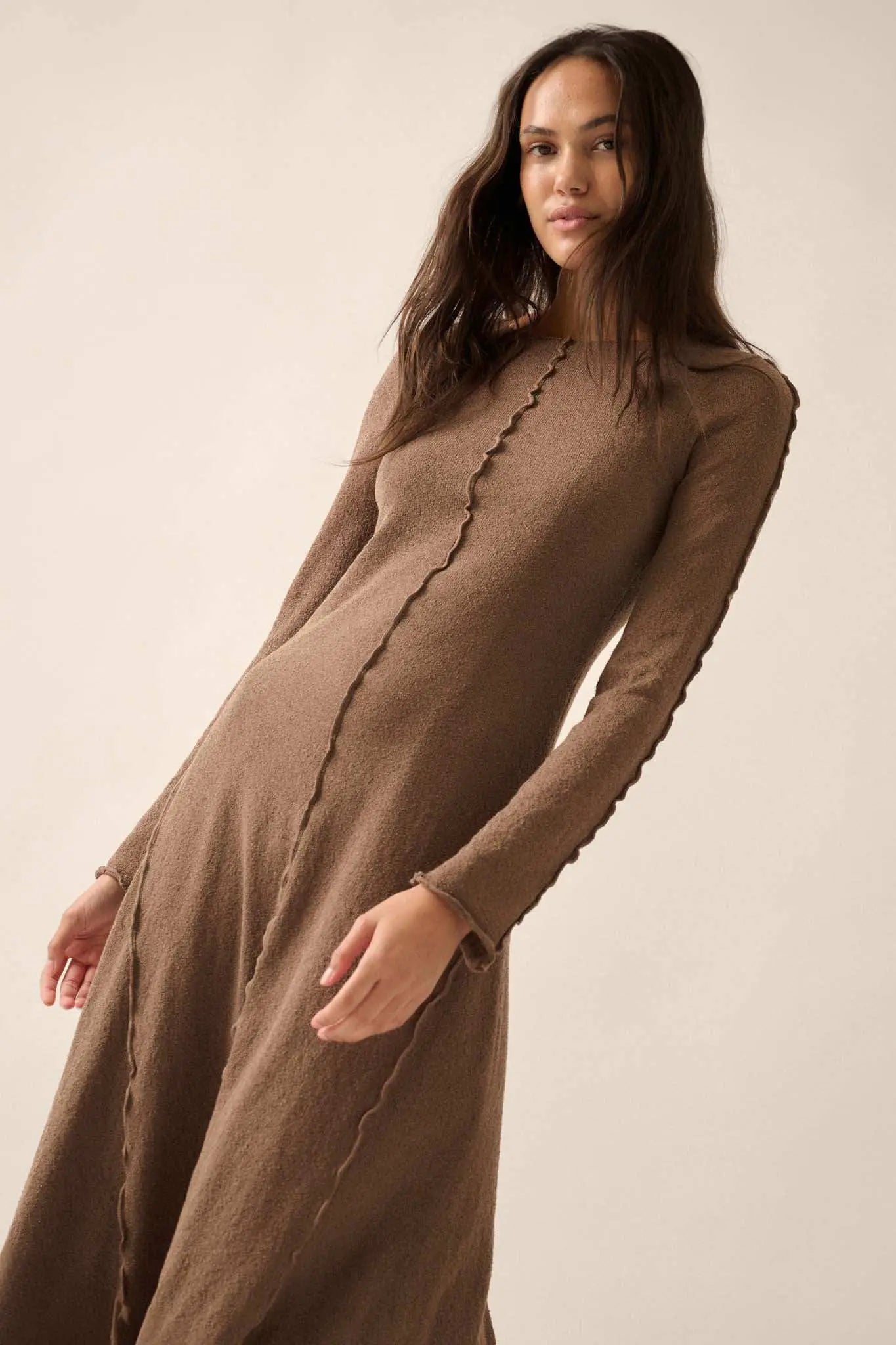 Earth Mother Textured Knit Exposed-Seam Midi Dress Oatmeal / L Earth Mother Textured Knit Exposed-Seam Midi Dress Oatmeal / L