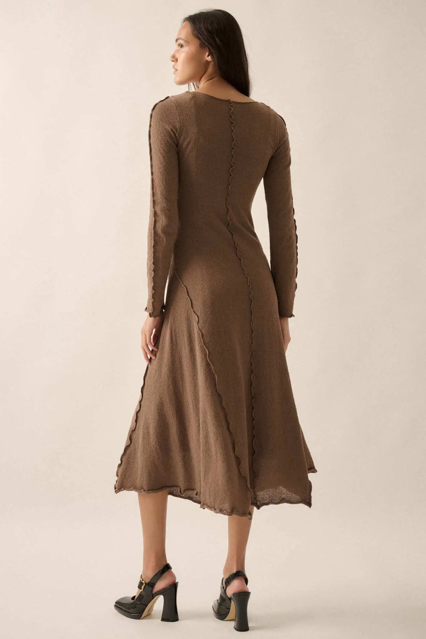 Earth Mother Textured Knit Exposed-Seam Midi Dress Oatmeal / L Earth Mother Textured Knit Exposed-Seam Midi Dress Oatmeal / L