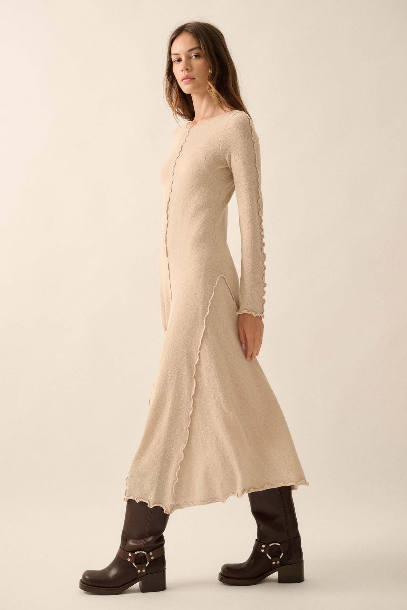 Earth Mother Textured Knit Exposed-Seam Midi Dress - ShopPromesa