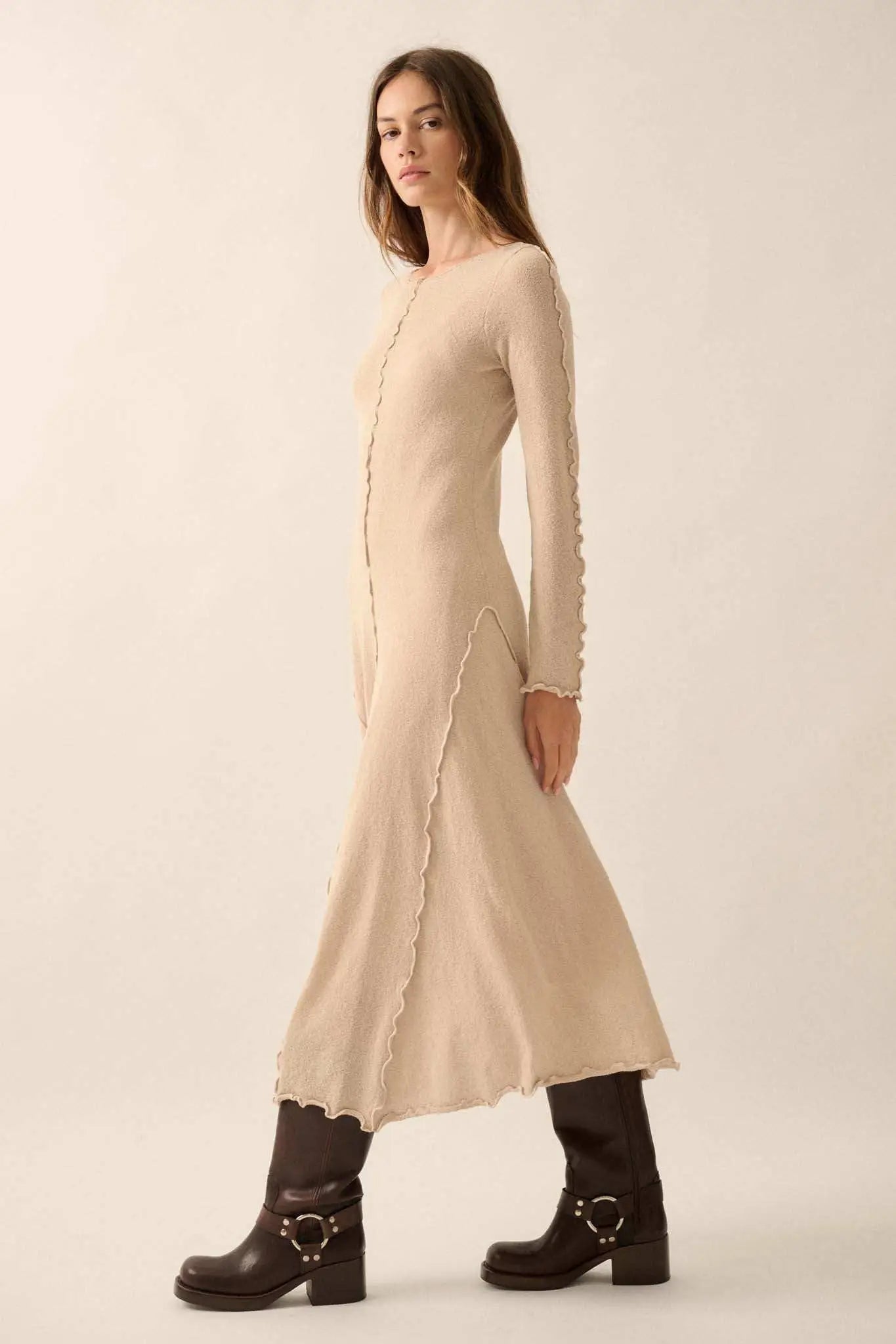 Earth Mother Textured Knit Exposed-Seam Midi Dress Oatmeal / L Earth Mother Textured Knit Exposed-Seam Midi Dress Oatmeal / L