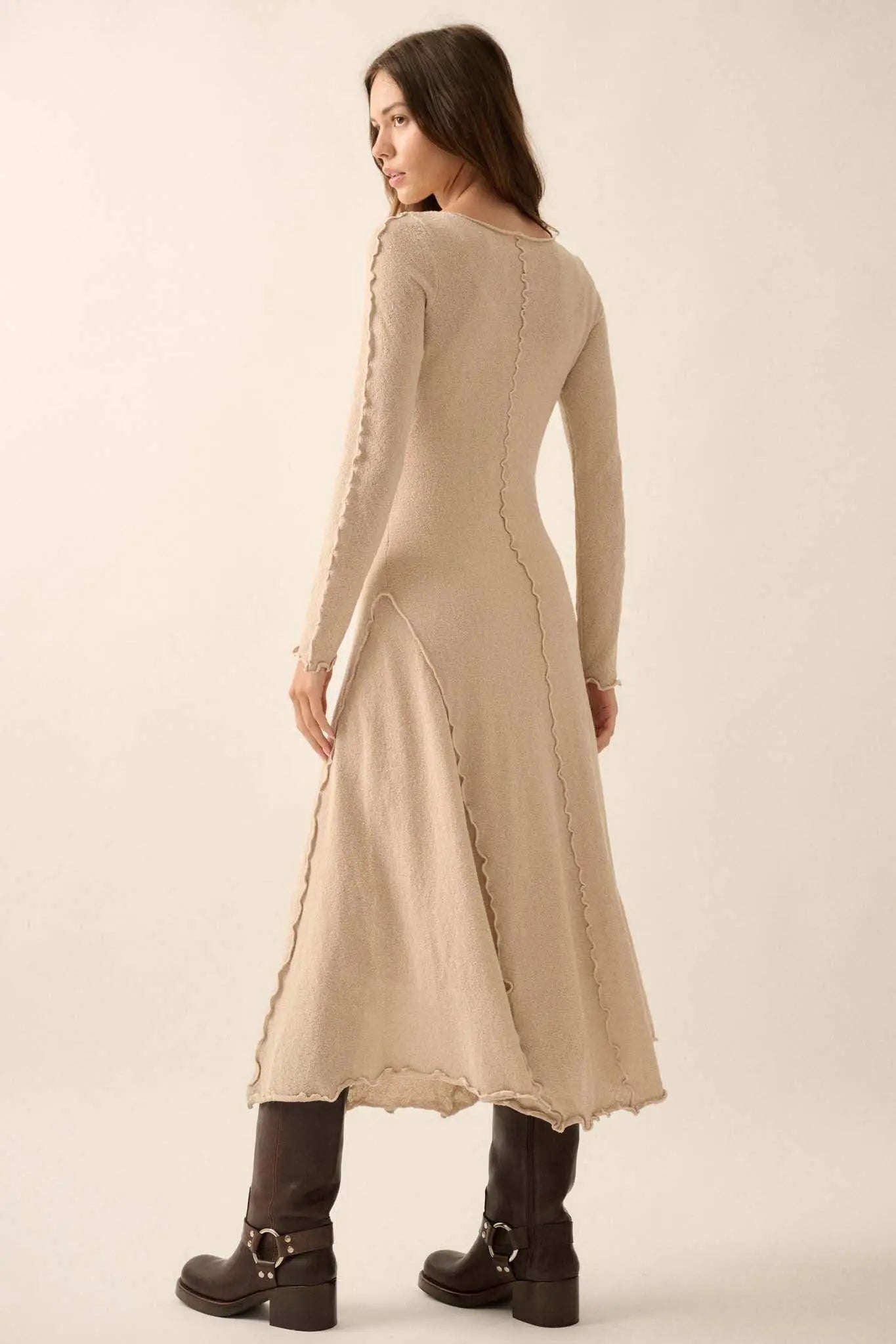 Earth Mother Textured Knit Exposed-Seam Midi Dress Oatmeal / L Earth Mother Textured Knit Exposed-Seam Midi Dress Oatmeal / L
