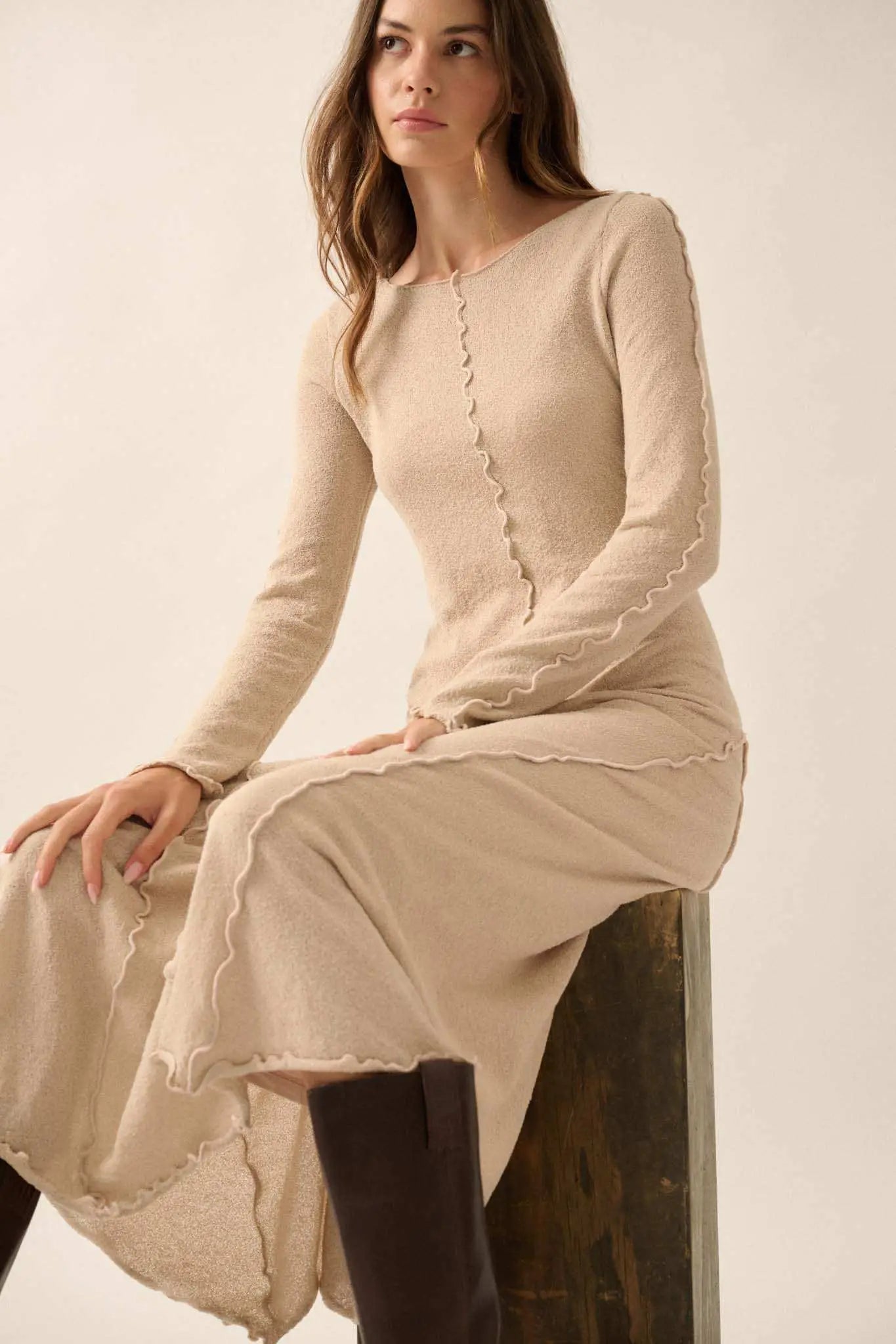 Earth Mother Textured Knit Exposed-Seam Midi Dress Oatmeal / L Earth Mother Textured Knit Exposed-Seam Midi Dress Oatmeal / L