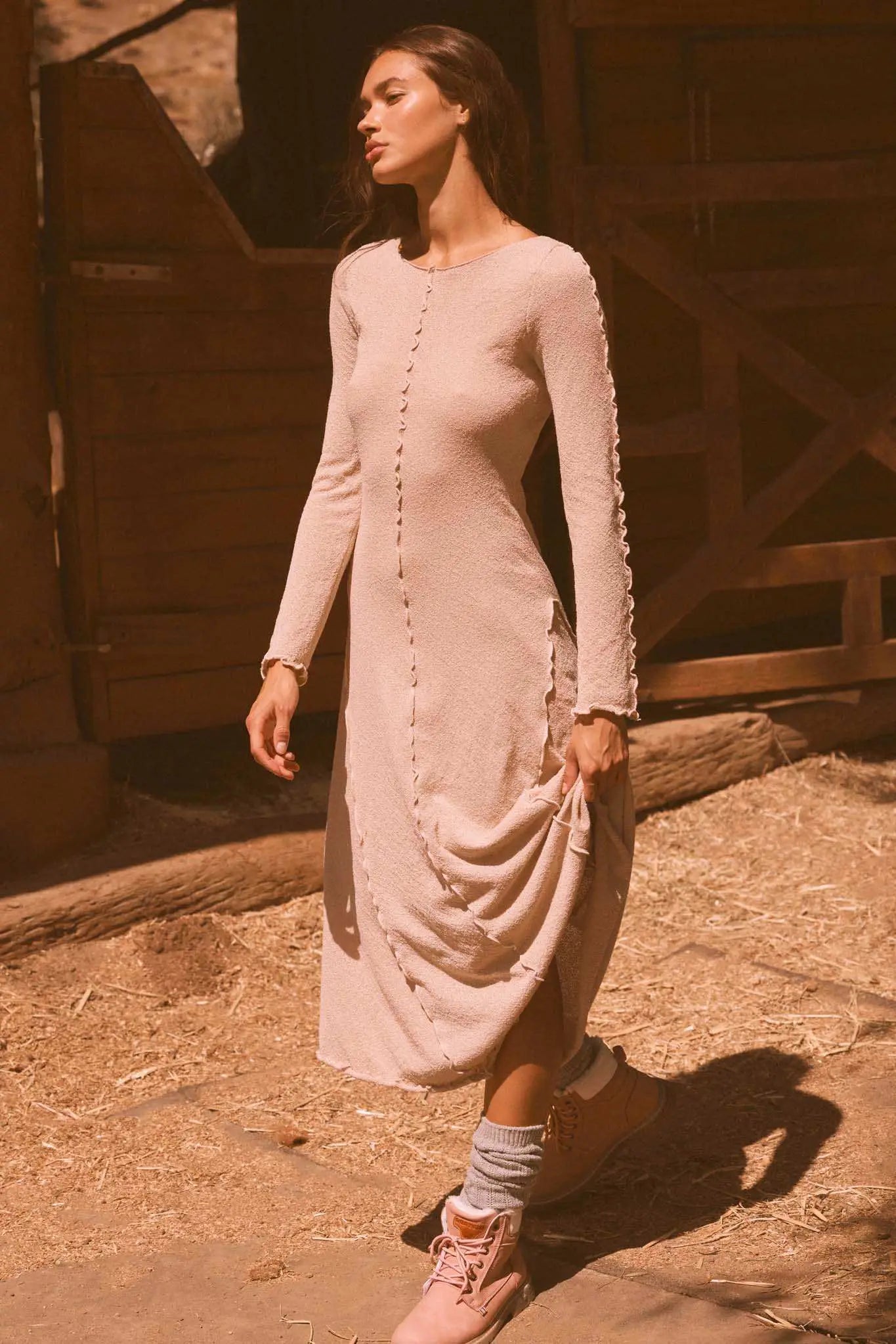Earth Mother Textured Knit Exposed-Seam Midi Dress Oatmeal / L Earth Mother Textured Knit Exposed-Seam Midi Dress Oatmeal / L