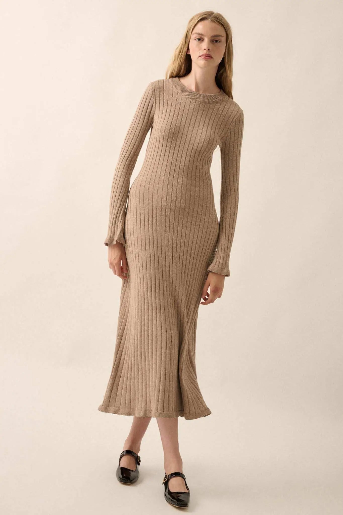 rib knit dress Subtle Ways Ribbed Knit Midi Sweater Dress Mocha / L