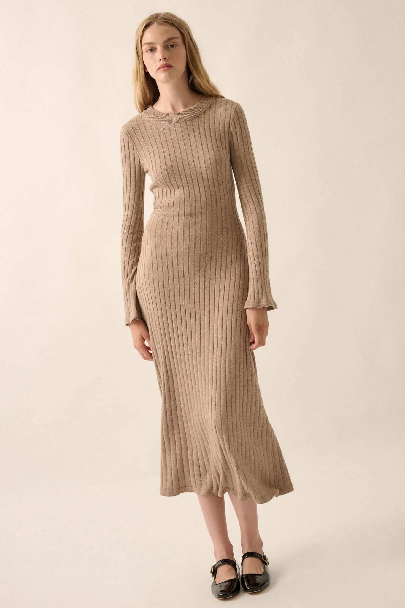 Subtle Ways Ribbed Knit Midi Sweater Dress Mocha / L Subtle Ways Ribbed Knit Midi Sweater Dress Mocha / L