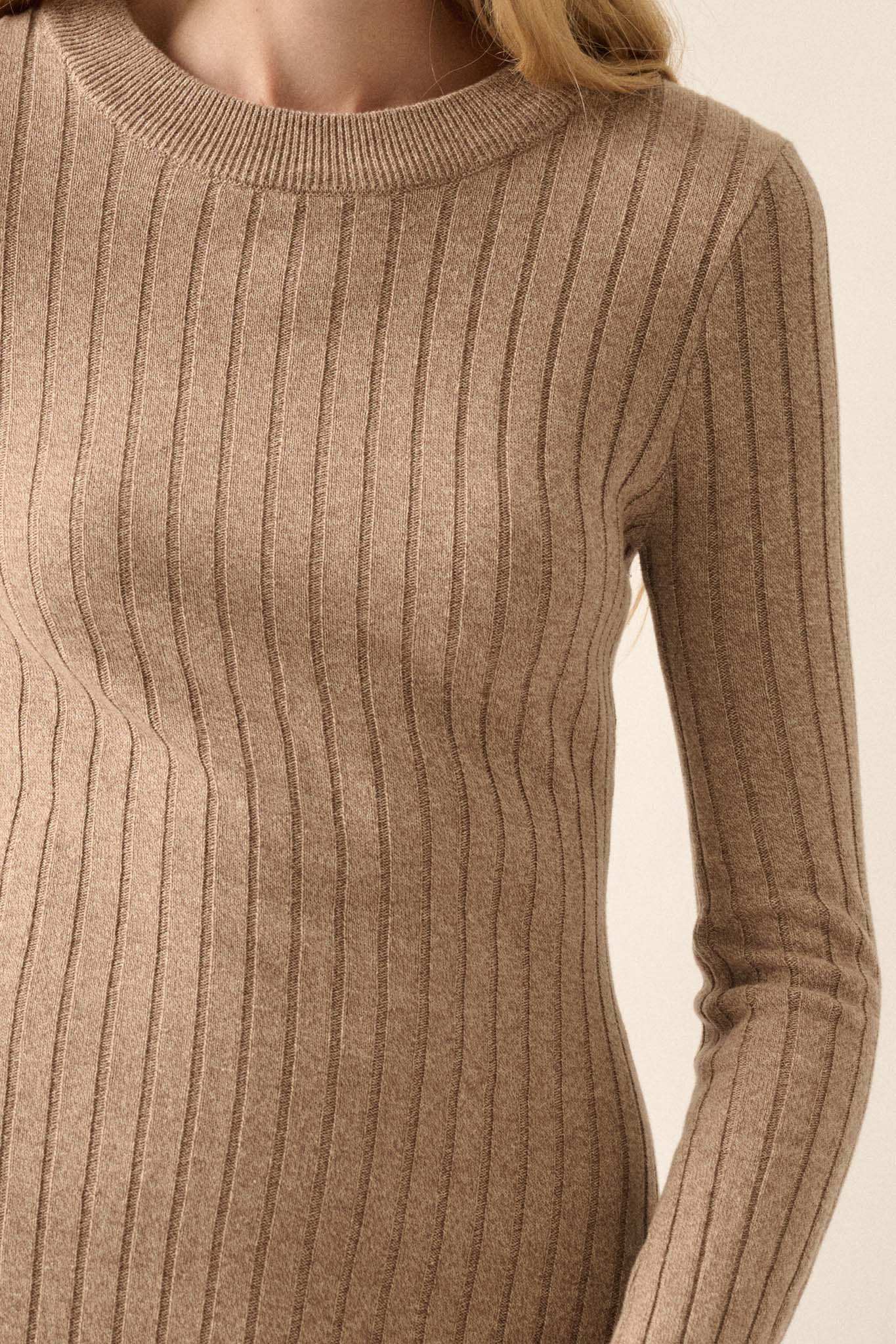 Subtle Ways Ribbed Knit Midi Sweater Dress Mocha / L Subtle Ways Ribbed Knit Midi Sweater Dress Mocha / L