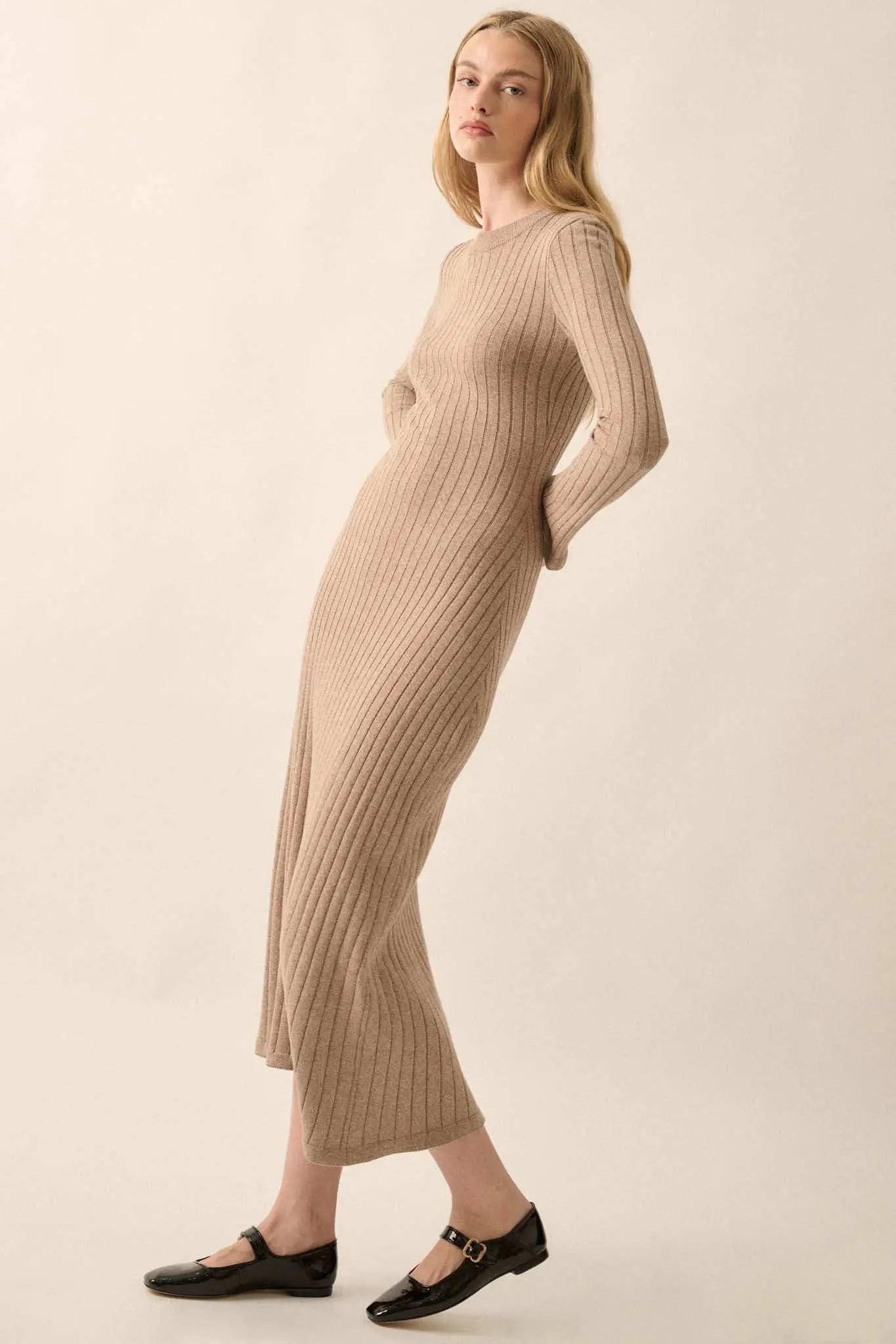 Subtle Ways Ribbed Knit Midi Sweater Dress Mocha / L Subtle Ways Ribbed Knit Midi Sweater Dress Mocha / L