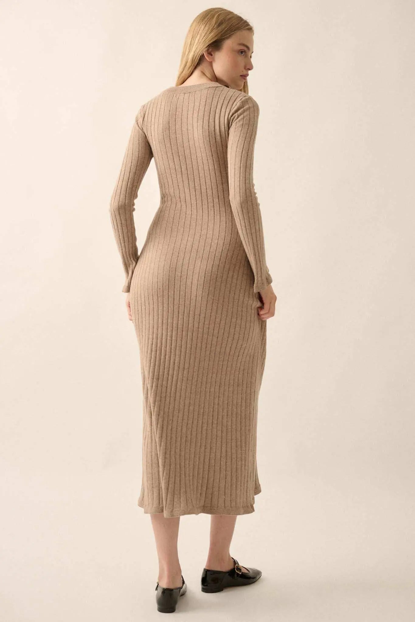 Subtle Ways Ribbed Knit Midi Sweater Dress Mocha / L Subtle Ways Ribbed Knit Midi Sweater Dress Mocha / L