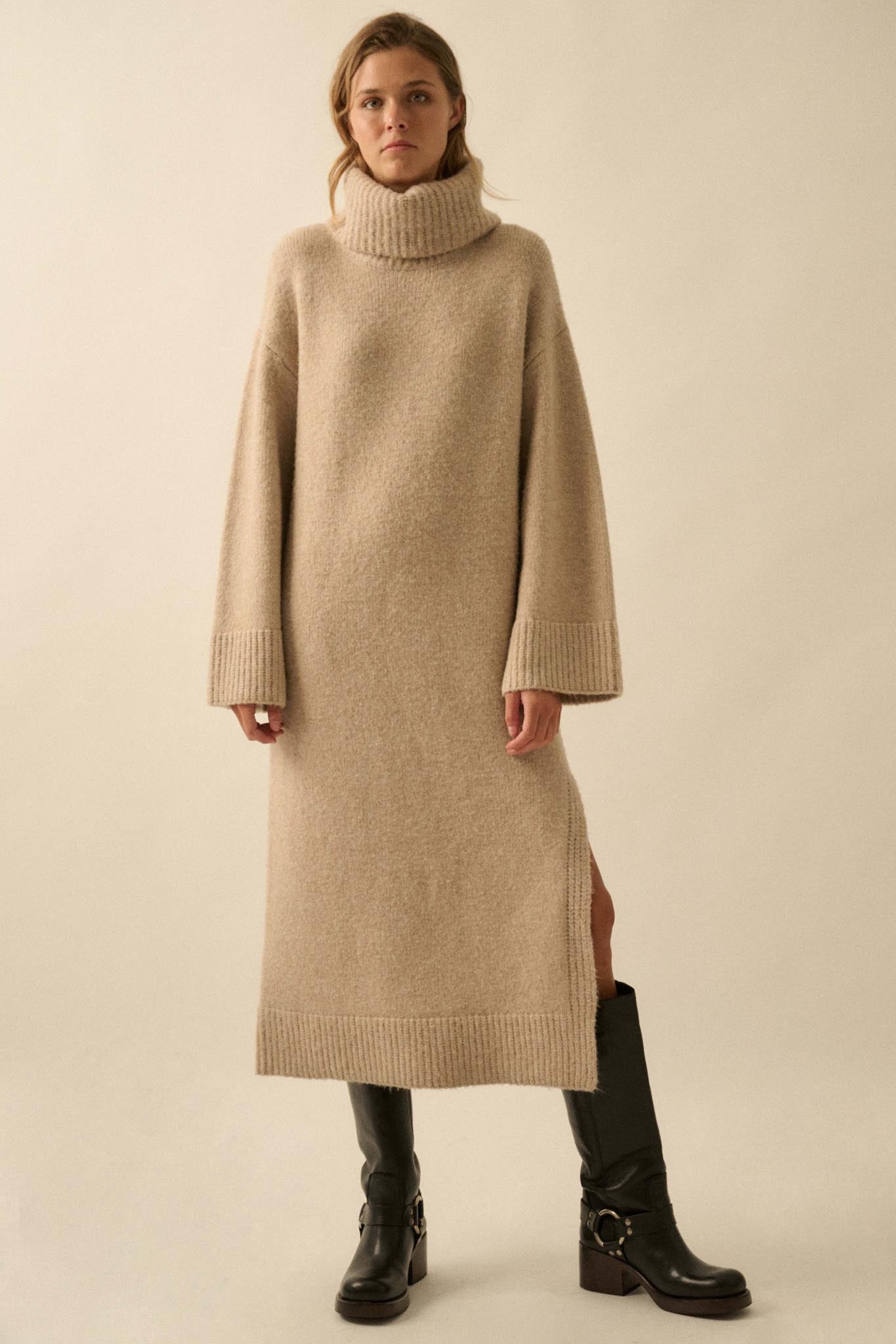 Quiet Hour Turtleneck Midi Sweater Dress Sand / L