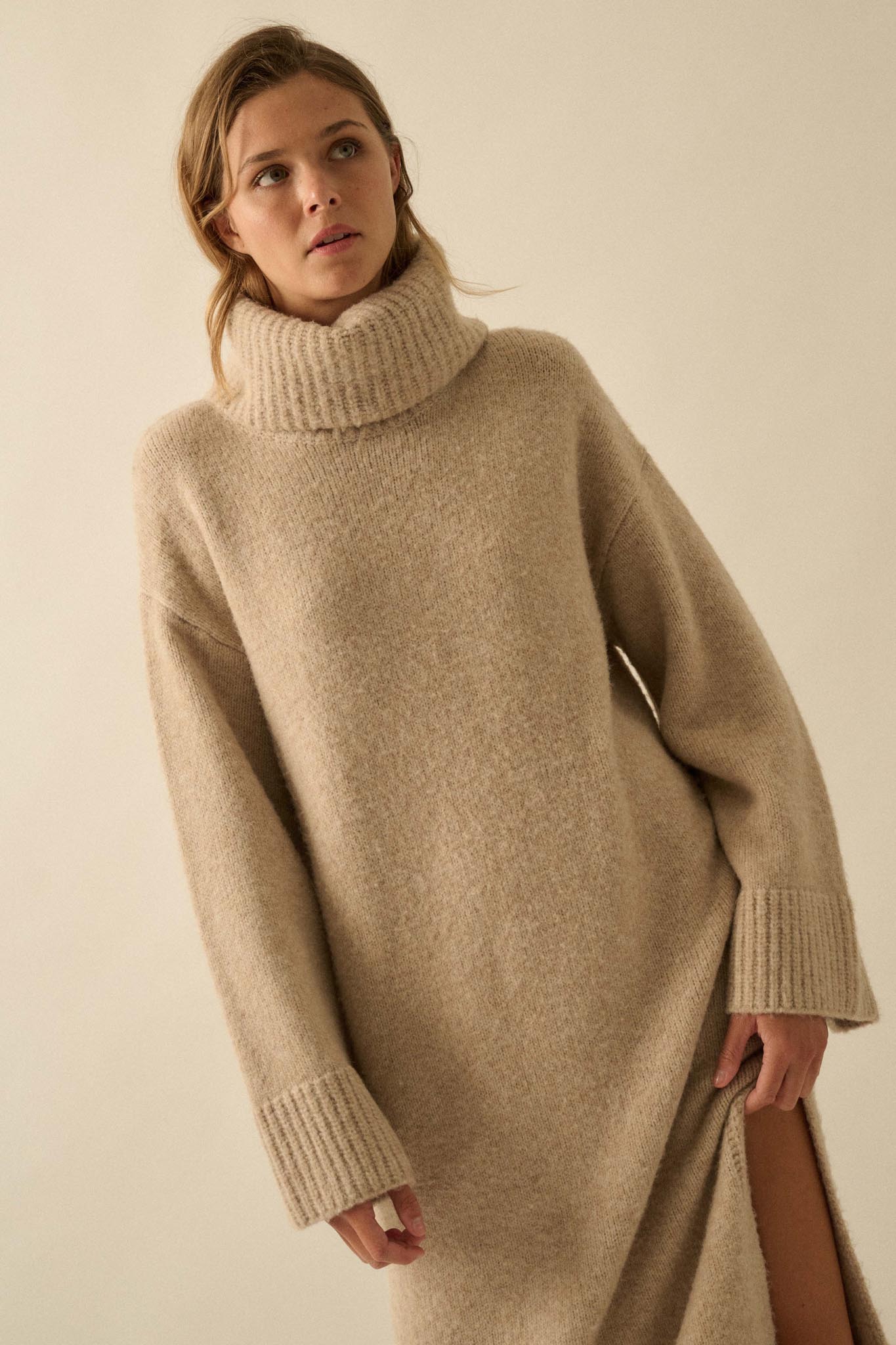 Quiet Hour Turtleneck Midi Sweater Dress Sand / L Quiet Hour Turtleneck Midi Sweater Dress Sand / L