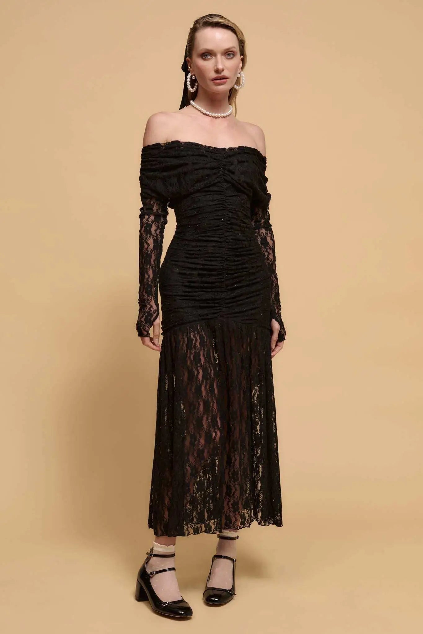 Starlit Romance Studded Lace Off-Shoulder Dress Black / S Starlit Romance Studded Lace Off-Shoulder Dress Black / S