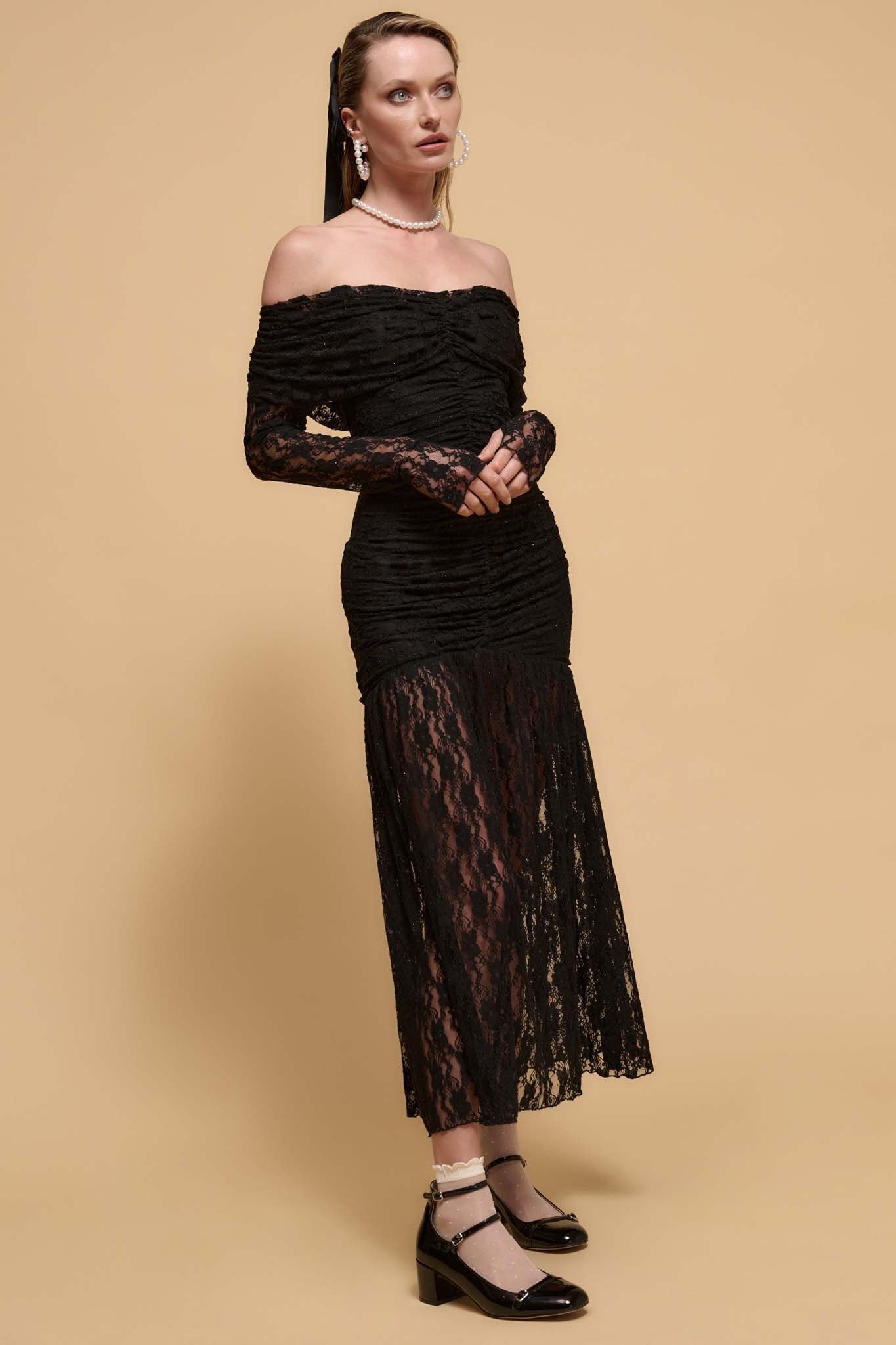 Starlit Romance Studded Lace Off-Shoulder Dress - ShopPromesa