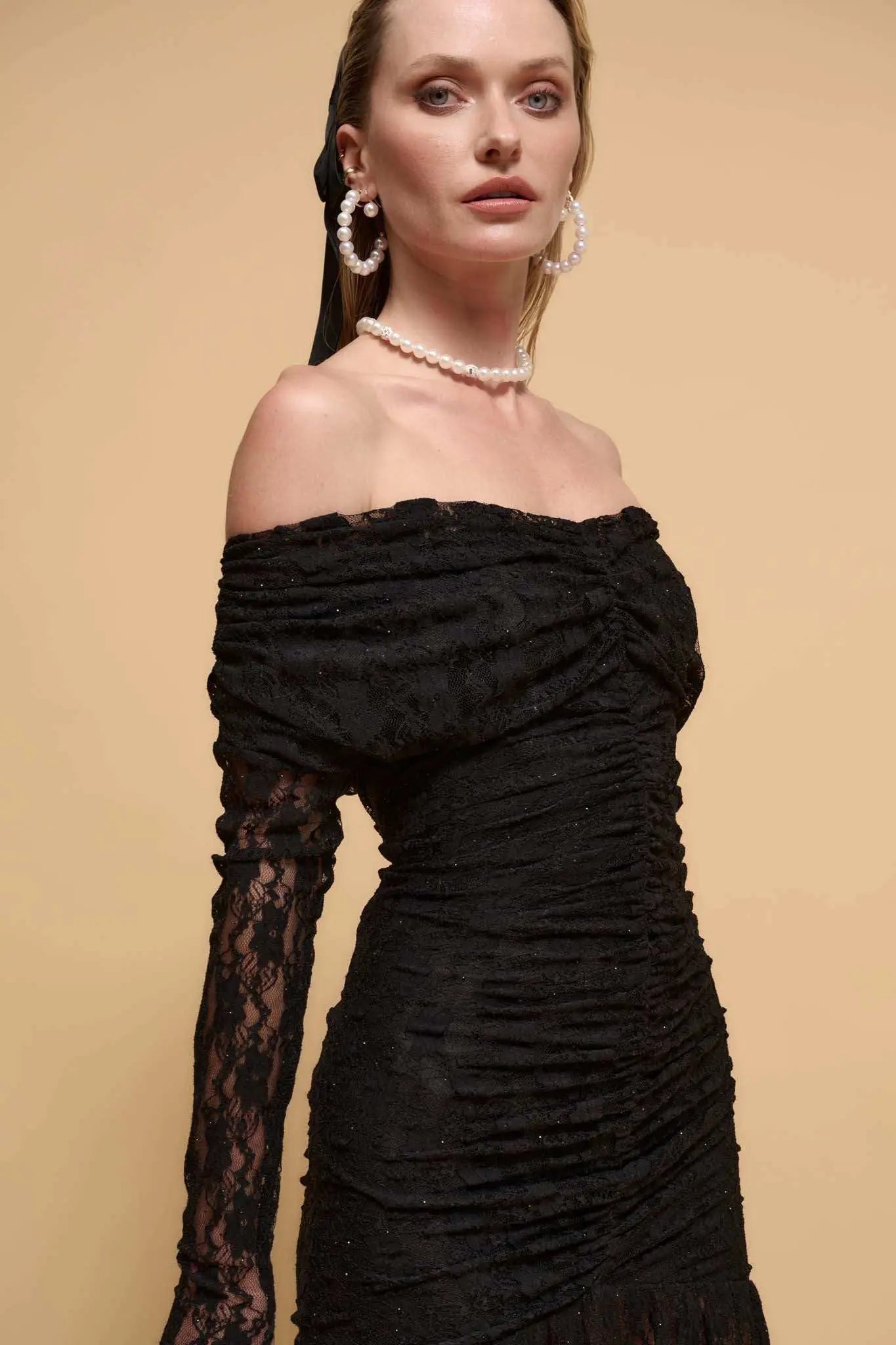 Starlit Romance Studded Lace Off-Shoulder Dress Black / S Starlit Romance Studded Lace Off-Shoulder Dress Black / S