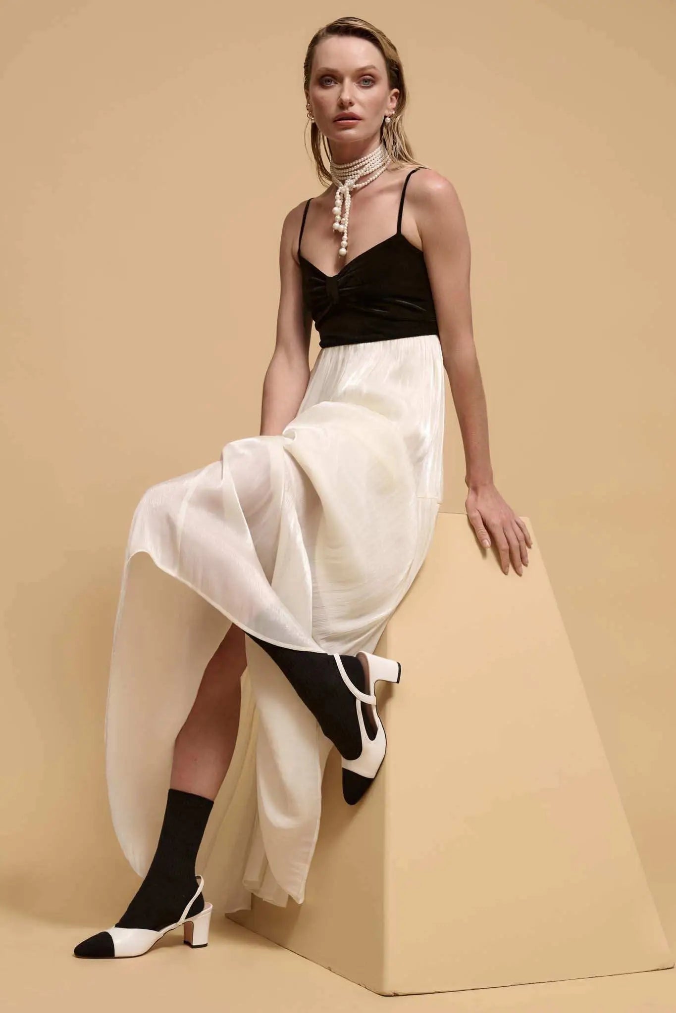 Hollywood Ending Velvet-Bodice Shimmer Maxi Dress, Cream / S Hollywood Ending Velvet-Bodice Shimmer Maxi Dress, Cream / S