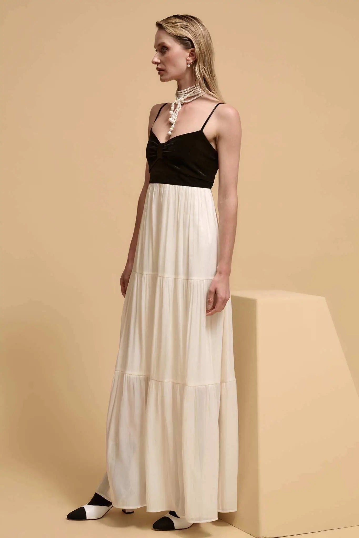 Hollywood Ending Velvet-Bodice Shimmer Maxi Dress, Cream / S Hollywood Ending Velvet-Bodice Shimmer Maxi Dress, Cream / S