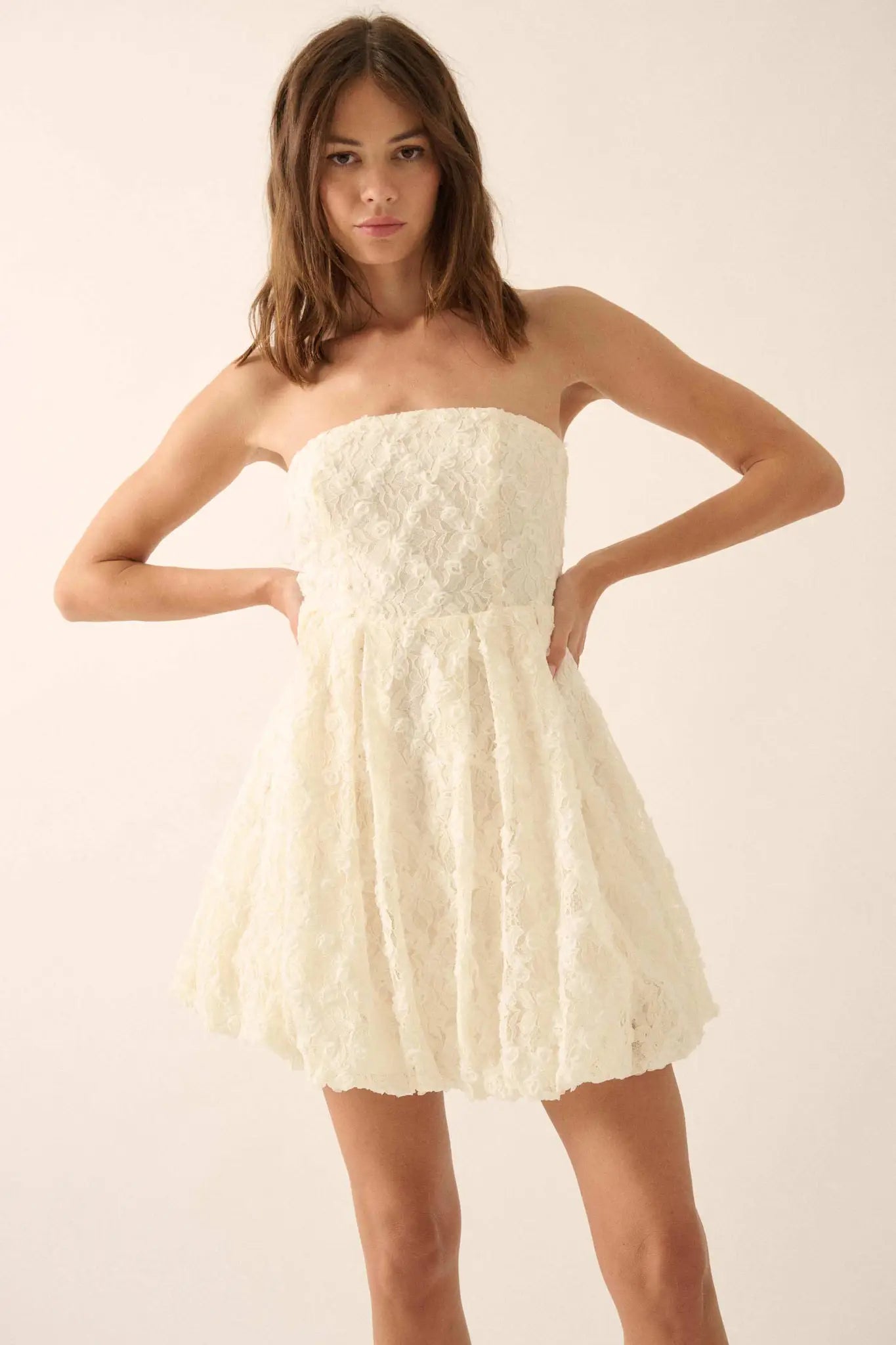 Grace Note Floral Lace Strapless Bubble Mini Dress