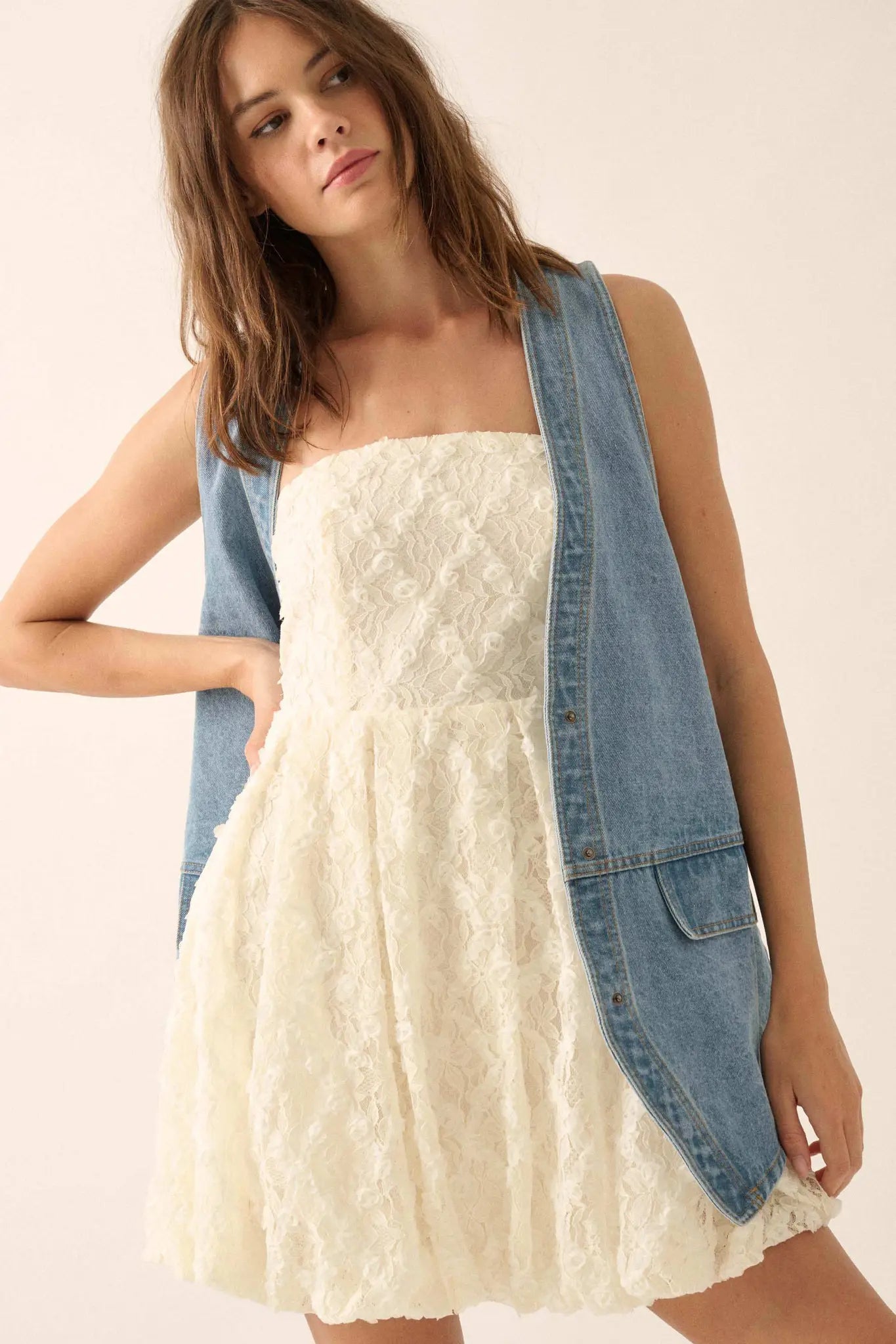 Grace Note Floral Lace Strapless Bubble Mini Dress