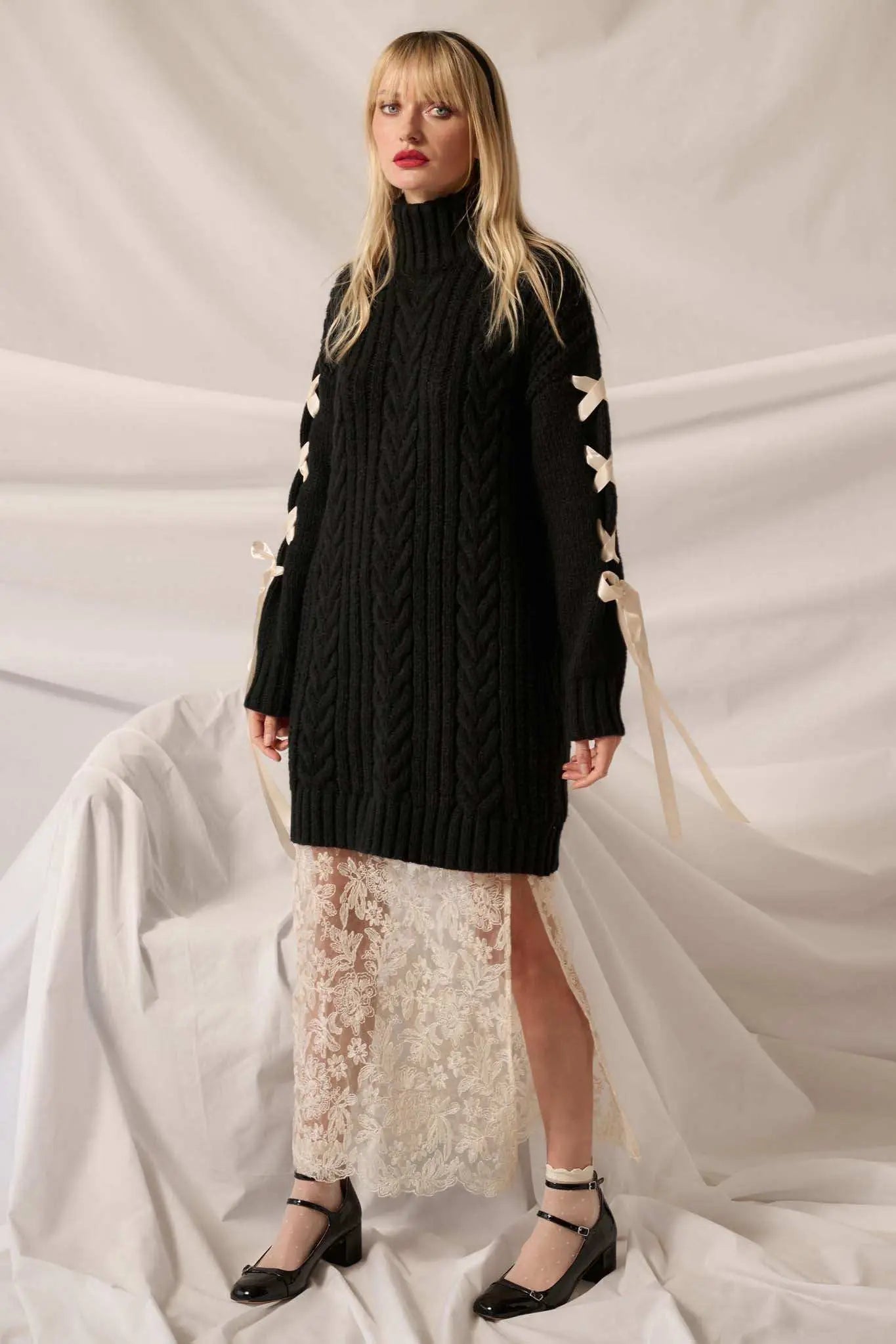 With a Kiss Ribbon-Sleeve Turtleneck Sweater Dress, Black / L With a Kiss Ribbon-Sleeve Turtleneck Sweater Dress, Black / L