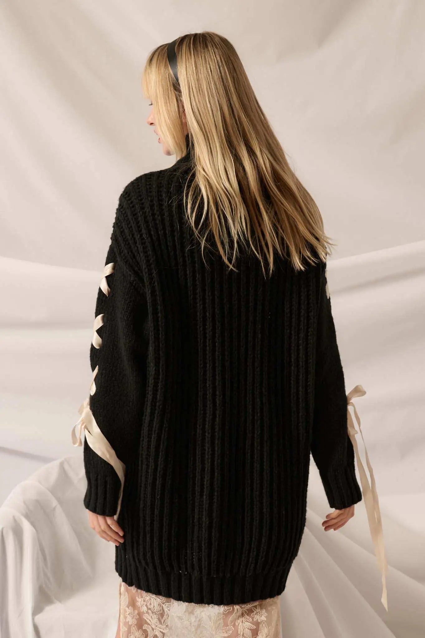 With a Kiss Ribbon-Sleeve Turtleneck Sweater Dress With a Kiss Ribbon-Sleeve Turtleneck Sweater Dress