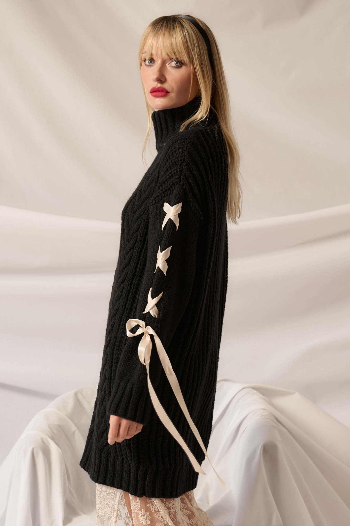 With a Kiss Ribbon-Sleeve Turtleneck Sweater Dress - ShopPromesa