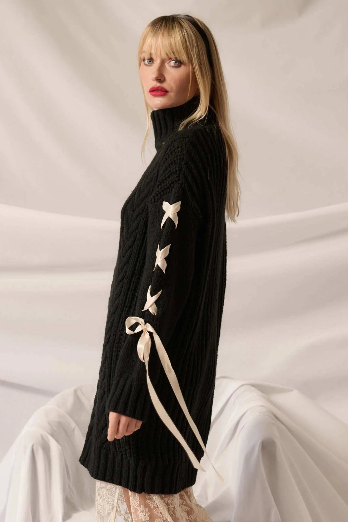 With a Kiss Ribbon-Sleeve Turtleneck Sweater Dress Cherry Red / M With a Kiss Ribbon-Sleeve Turtleneck Sweater Dress Cherry Red / M