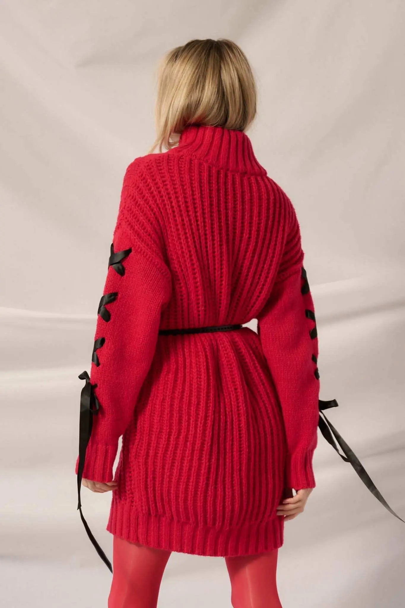 With a Kiss Ribbon-Sleeve Turtleneck Sweater Dress Cherry Red / M With a Kiss Ribbon-Sleeve Turtleneck Sweater Dress Cherry Red / M