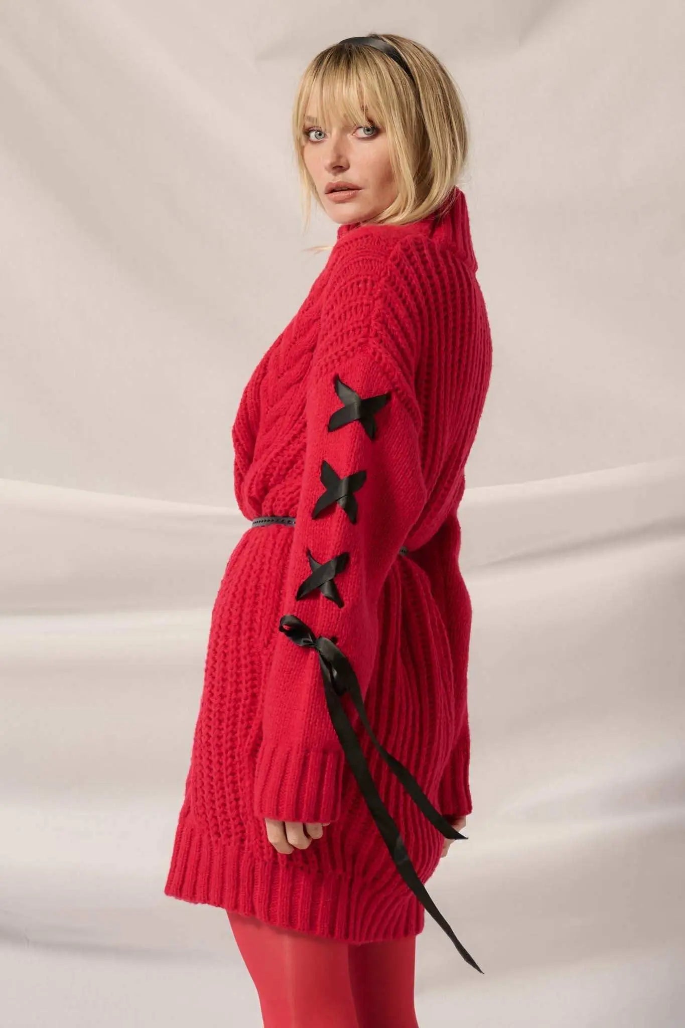 With a Kiss Ribbon-Sleeve Turtleneck Sweater Dress Cherry Red / M With a Kiss Ribbon-Sleeve Turtleneck Sweater Dress Cherry Red / M