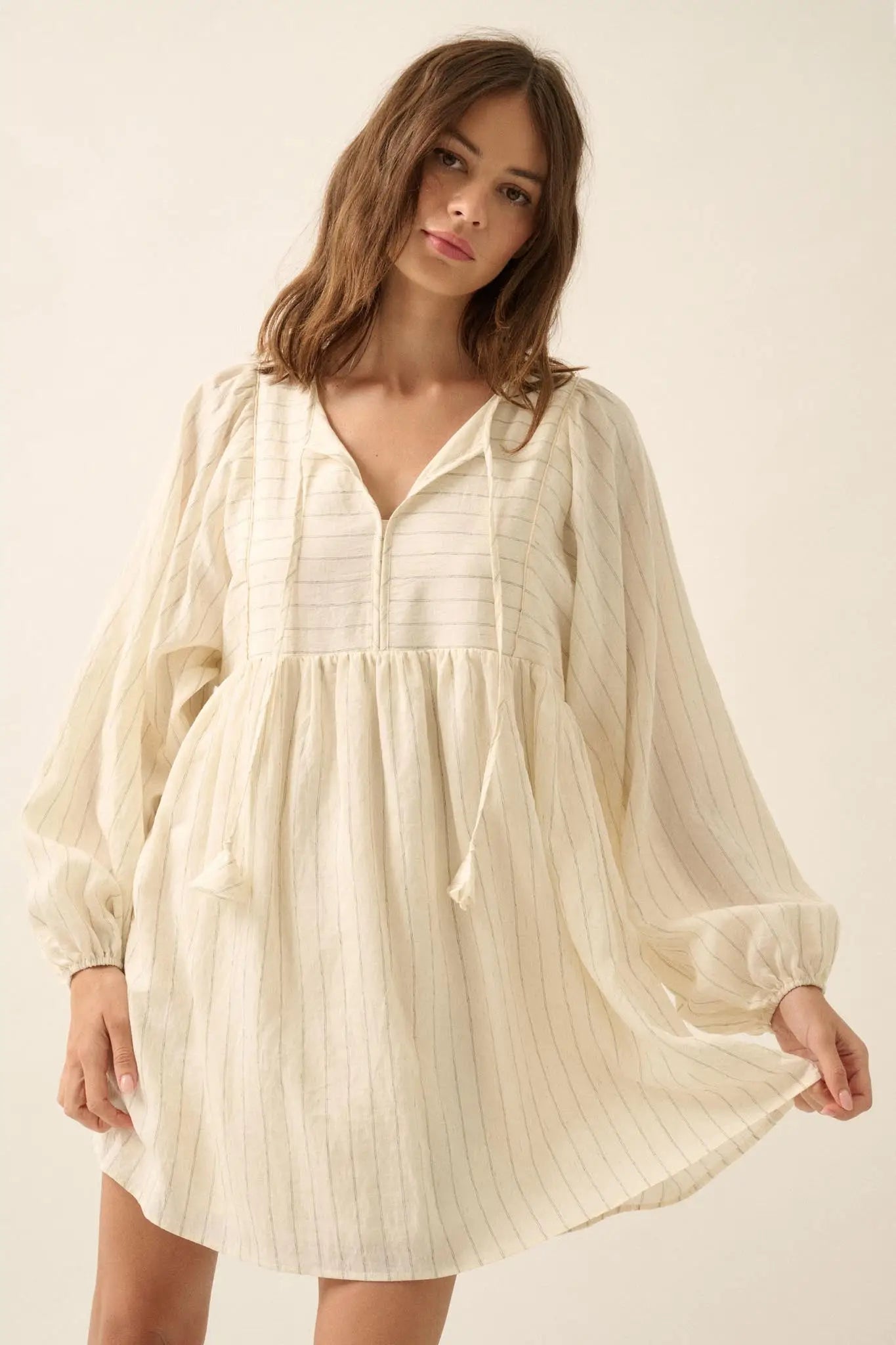 Breezy Belle Pinstripe Babydoll Peasant Mini Dress