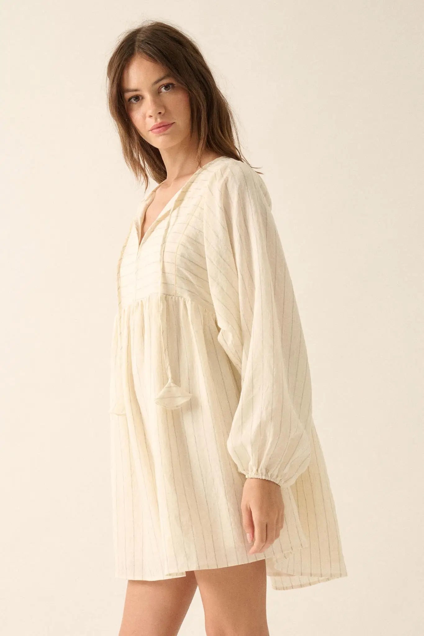 Breezy Belle Pinstripe Babydoll Peasant Mini Dress