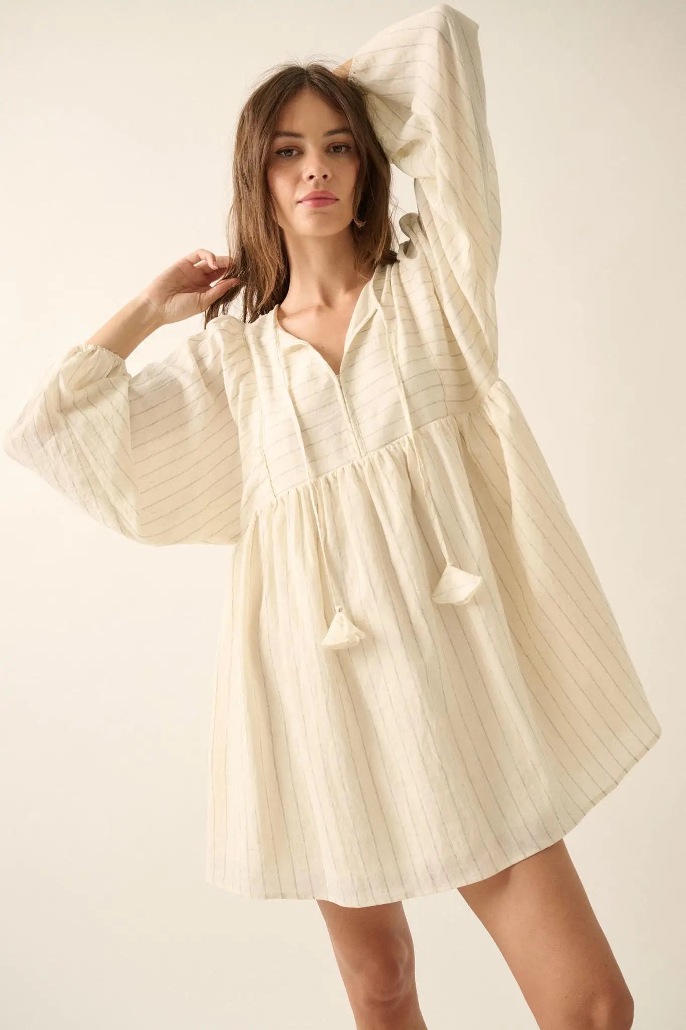 peasant mini dress Breezy Belle Pinstripe Babydoll Sand / M bucket:Neutral Mauve this mini dress is Step 1 - Select Size (Inches):6