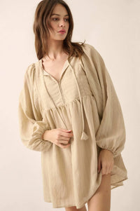 Breezy Belle Pinstripe Babydoll Peasant Mini Dress - ShopPromesa