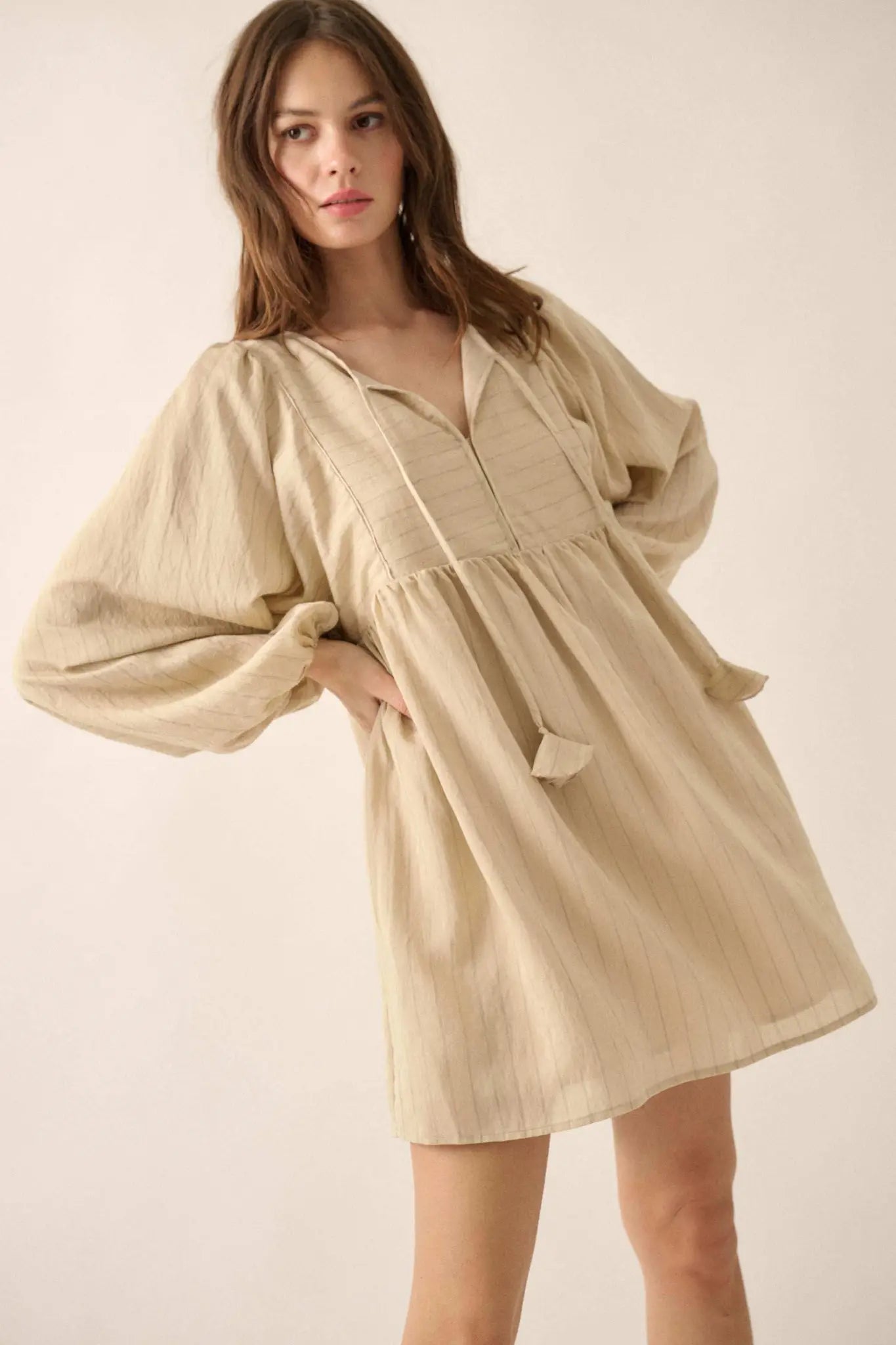 Breezy Belle Pinstripe Babydoll Peasant Mini Dress Sand / M Breezy Belle Pinstripe Babydoll Peasant Mini Dress Sand / M