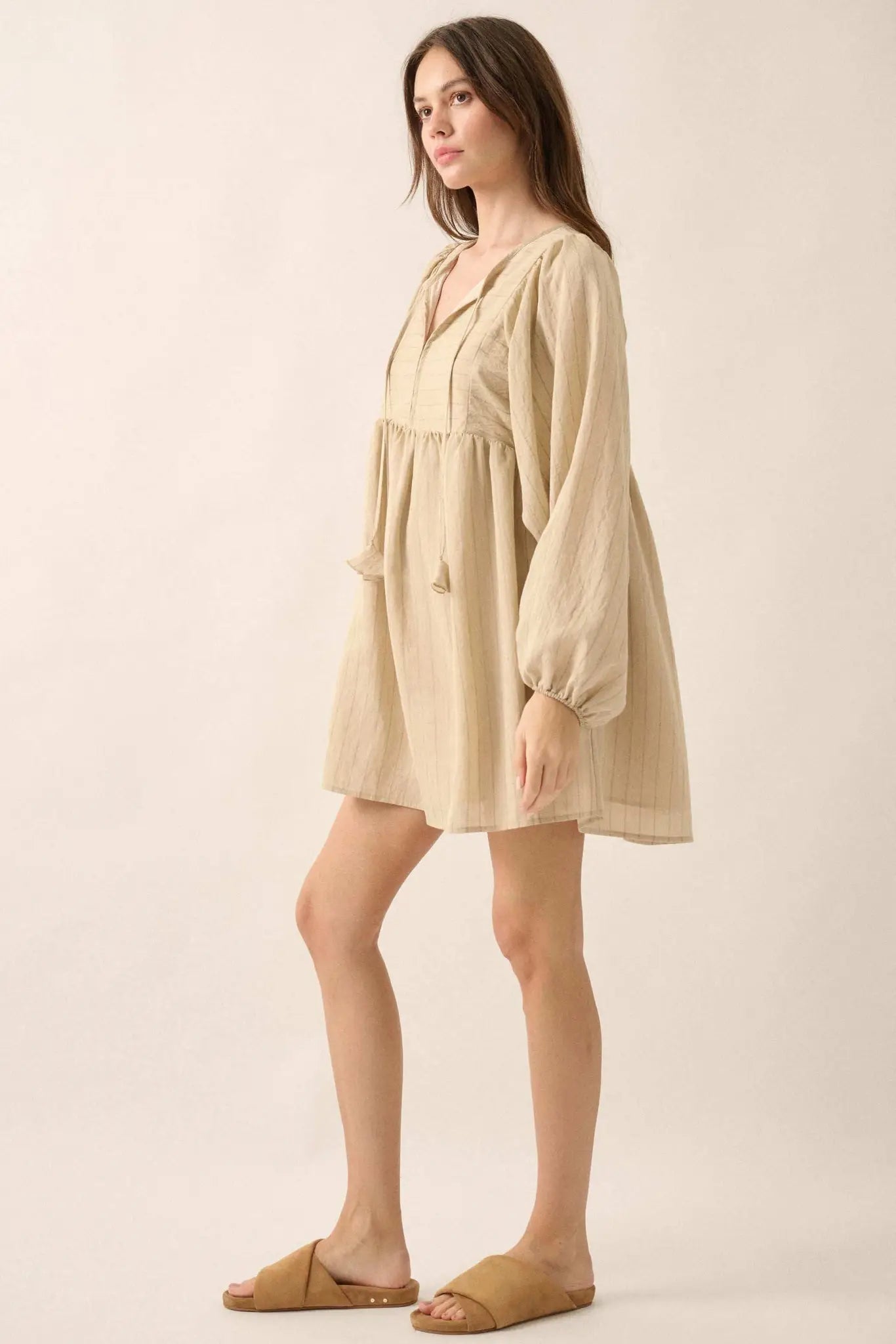 Breezy Belle Pinstripe Babydoll Peasant Mini Dress - ShopPromesa