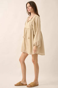 Breezy Belle Pinstripe Babydoll Peasant Mini Dress - ShopPromesa