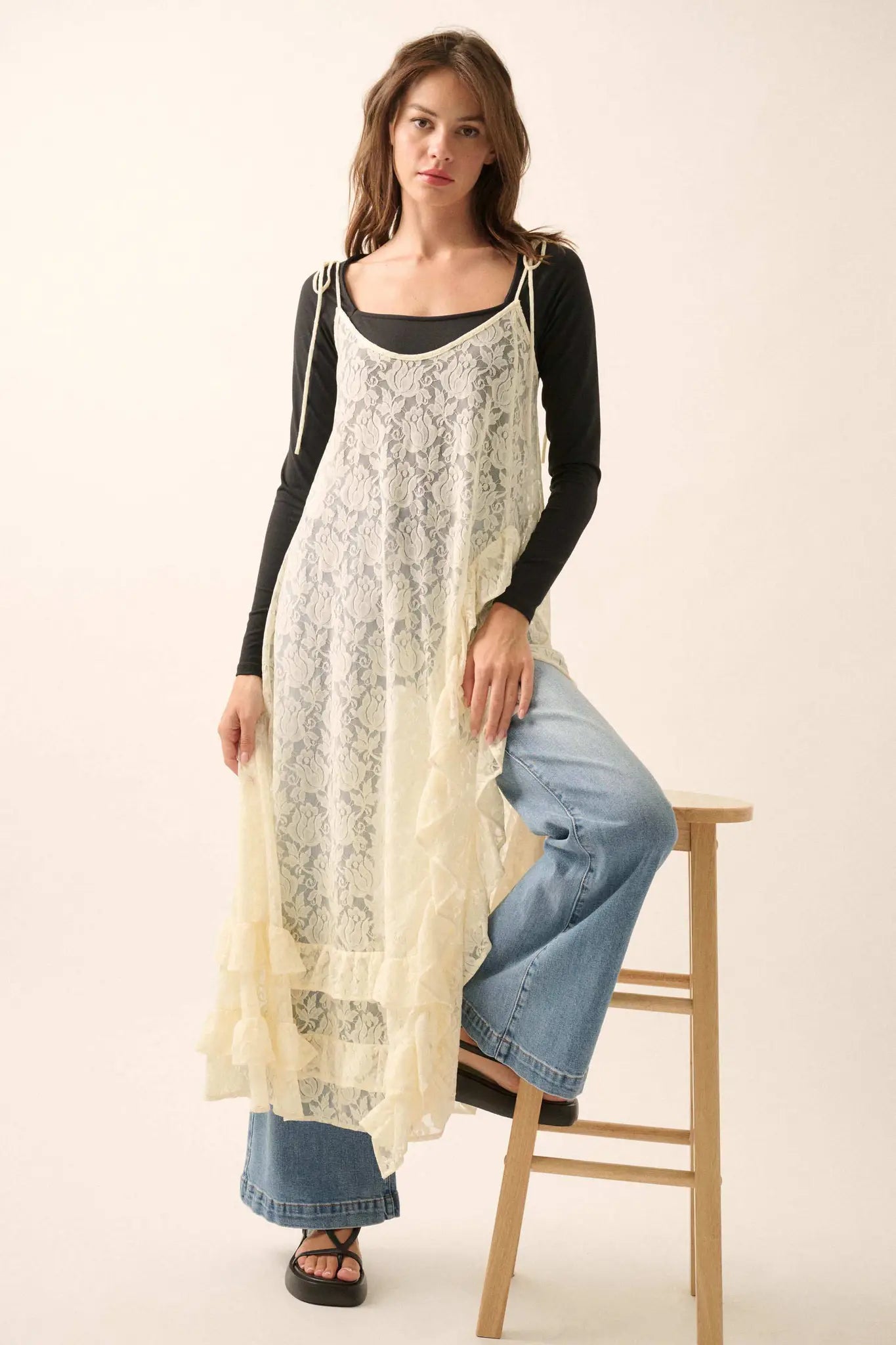 Dream of You Sheer Ruffled Floral Lace Midi Dress - ShopPromesa