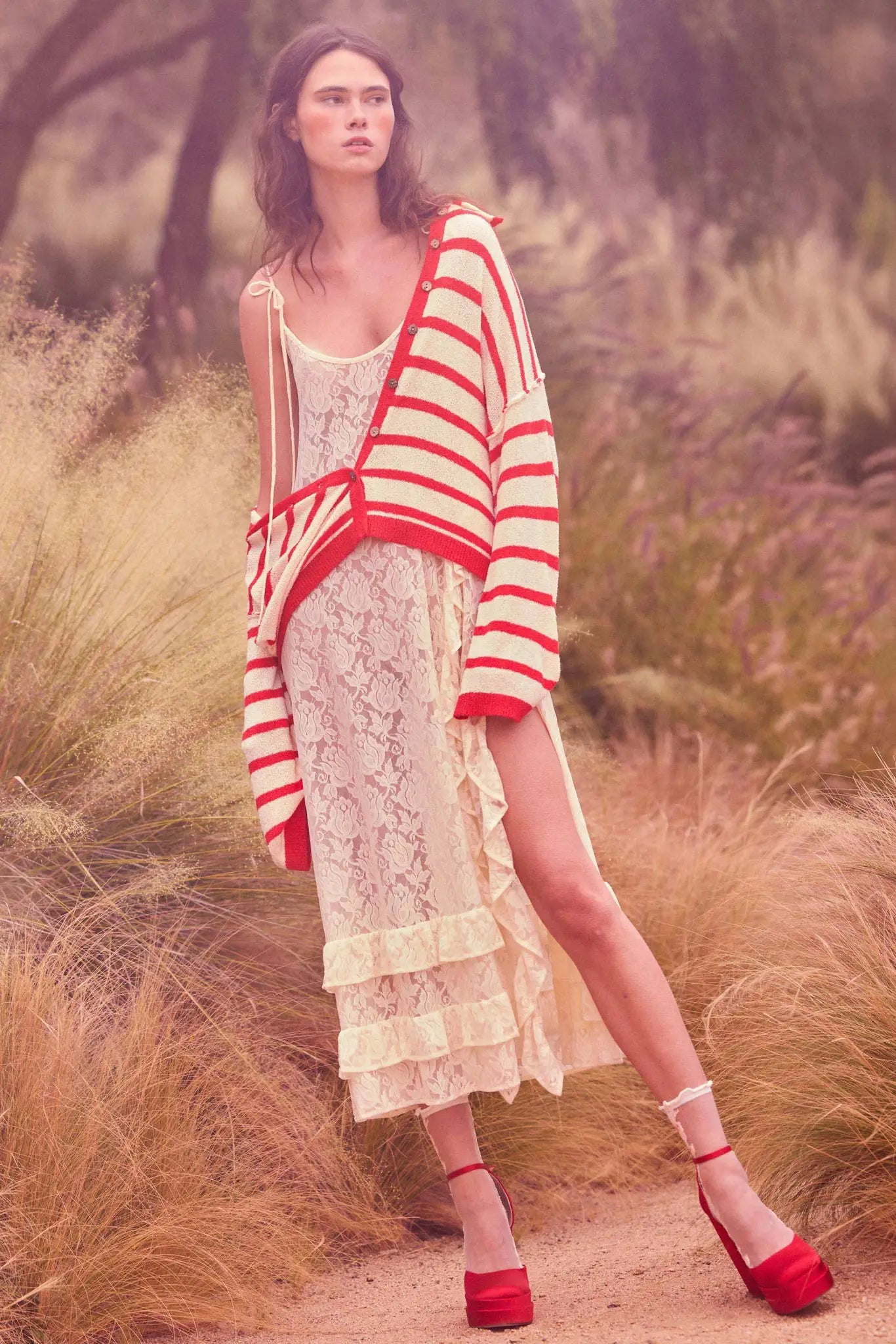 Dream of You Sheer Ruffled Floral Lace Midi Dress