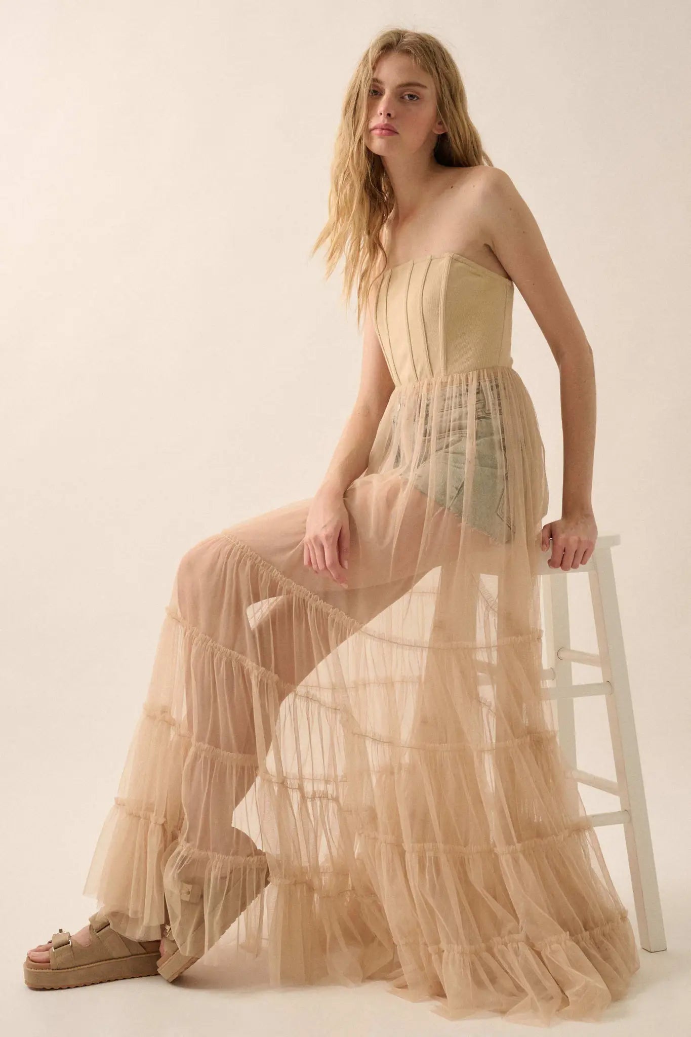 Secret Love Sheer Tiered Tulle Corset Maxi Dress - ShopPromesa