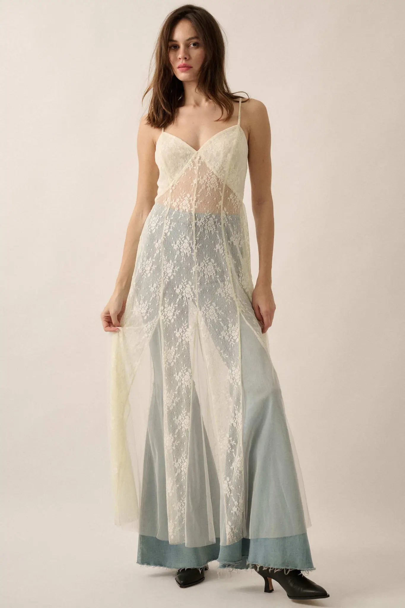 Whisper to Me Sheer Floral Lace Pleated Maxi Dress, Cream / L Whisper to Me Sheer Floral Lace Pleated Maxi Dress, Cream / L