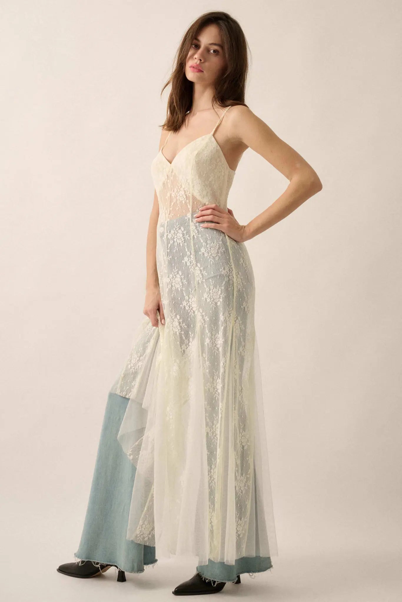 Whisper to Me Sheer Floral Lace Pleated Maxi Dress Cream / L Whisper to Me Sheer Floral Lace Pleated Maxi Dress Cream / L