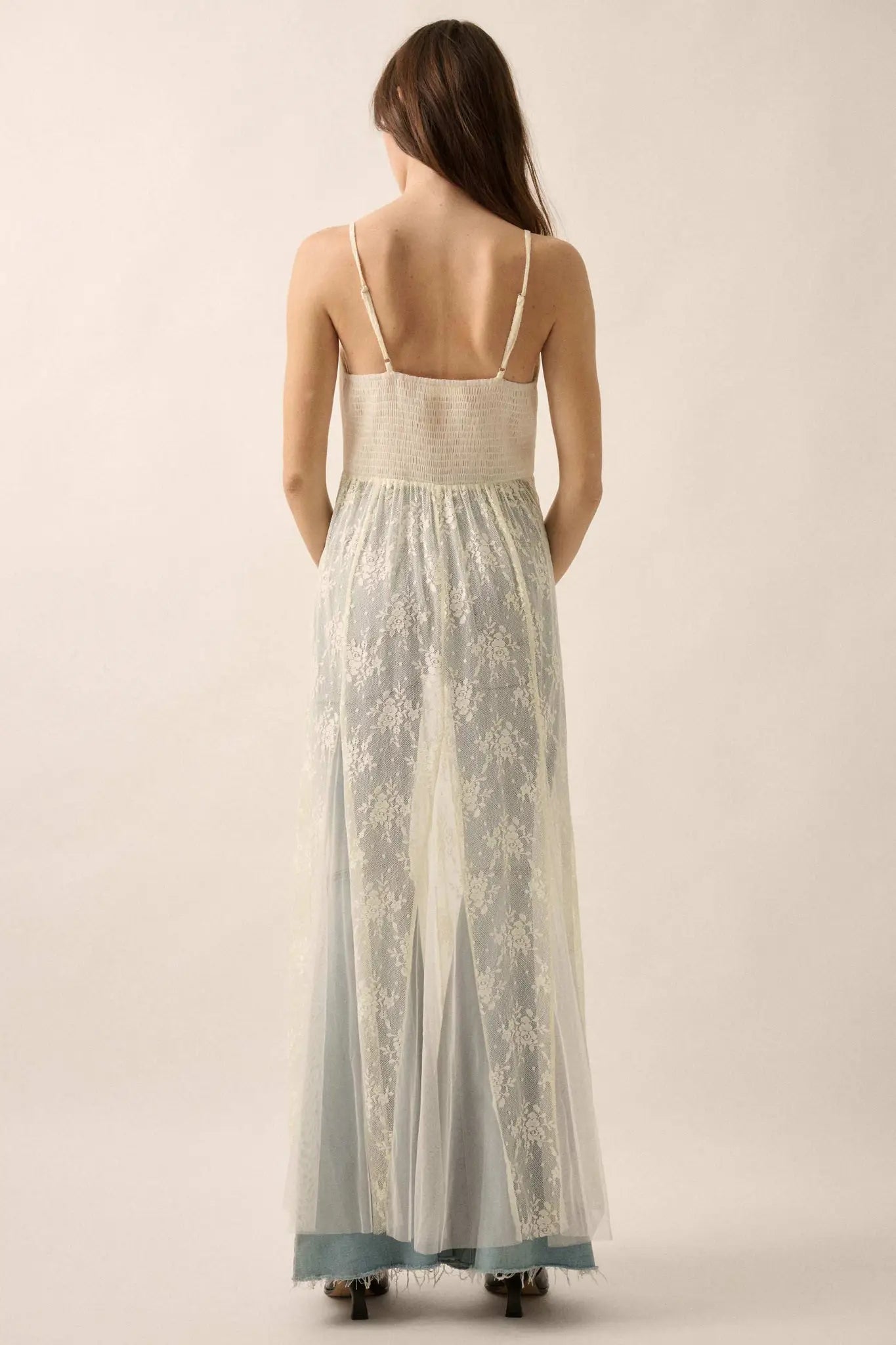 Whisper to Me Sheer Floral Lace Pleated Maxi Dress, Cream / L Whisper to Me Sheer Floral Lace Pleated Maxi Dress, Cream / L