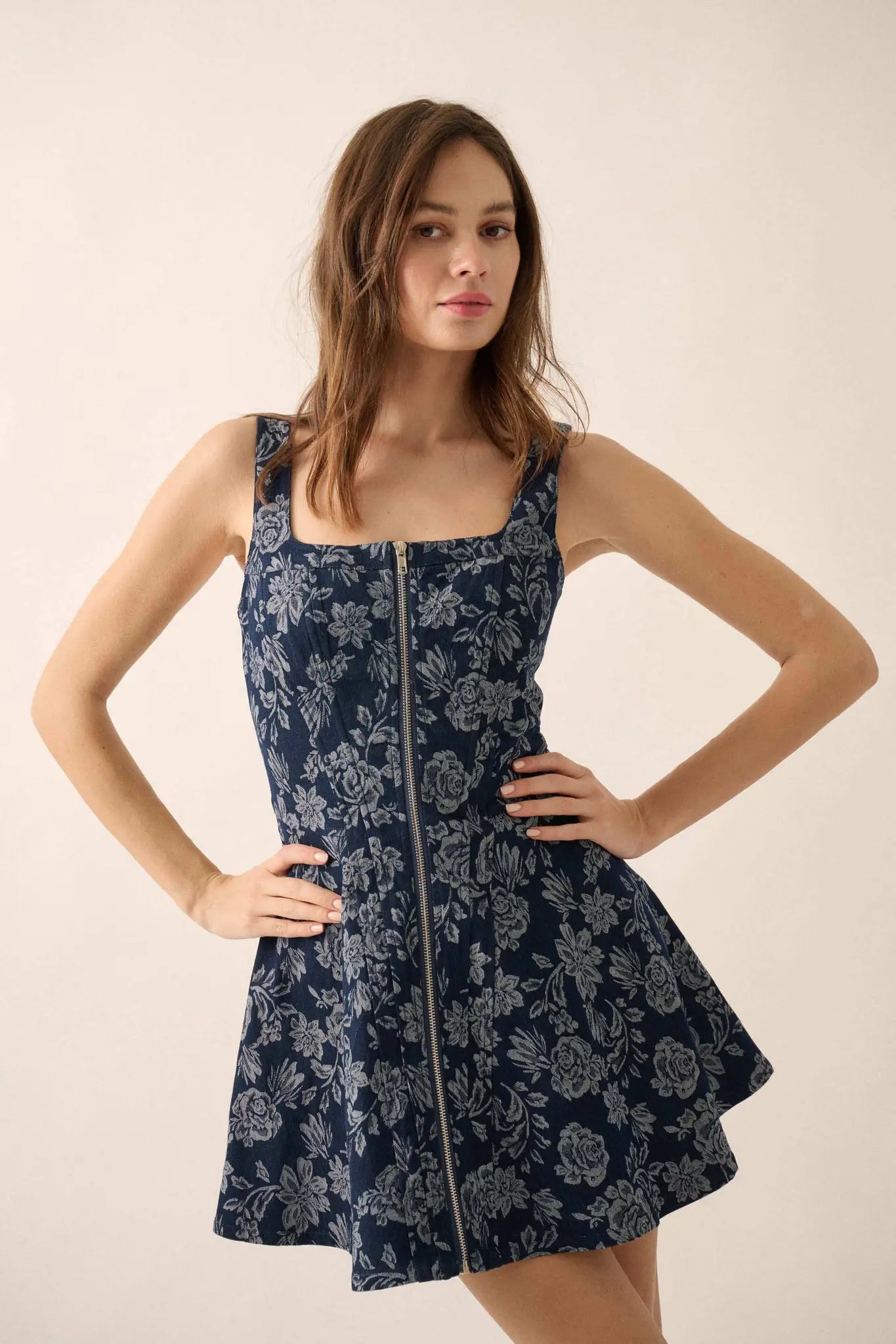 Blue Beauty Floral Jacquard Denim Mini Dress Blue Beauty Floral Jacquard Denim Mini Dress