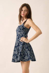 Blue Beauty Floral Jacquard Denim Mini Dress - ShopPromesa
