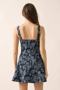 Blue Beauty Floral Jacquard Denim Mini Dress - ShopPromesa