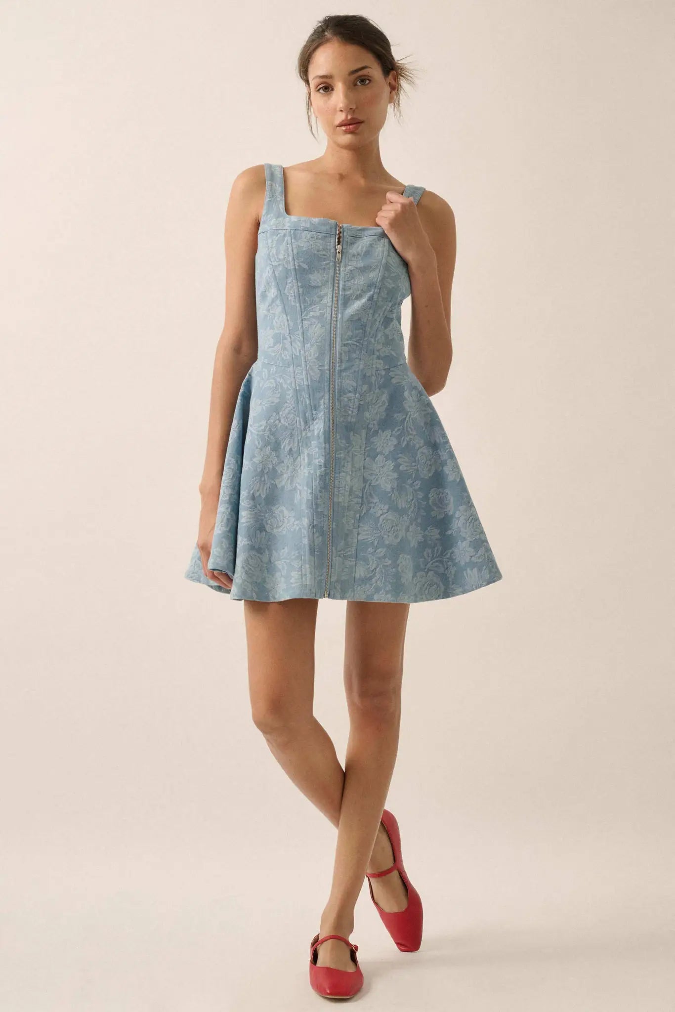 Blue Beauty Floral Jacquard Denim Mini Dress - ShopPromesa