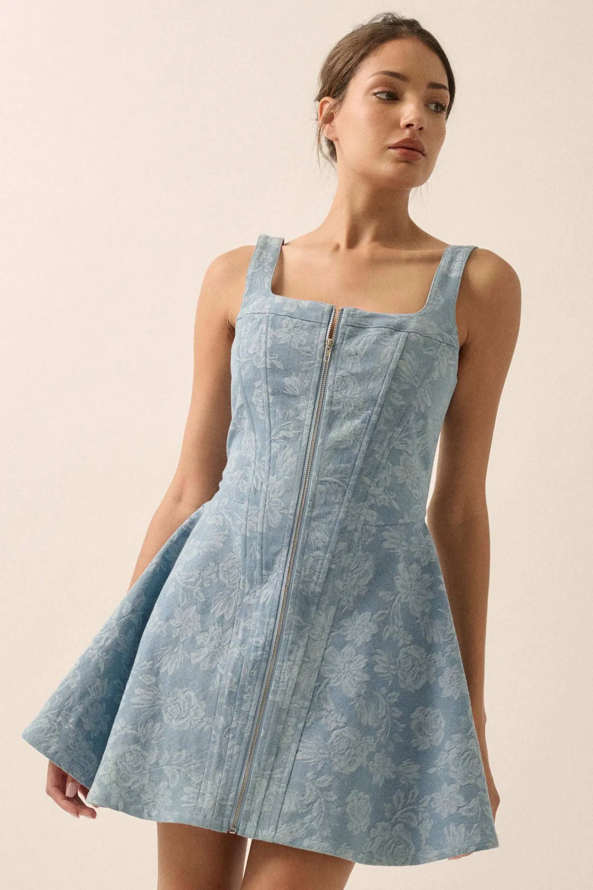 Blue Beauty Floral Jacquard Denim Mini Dress Blue Beauty Floral Jacquard Denim Mini Dress